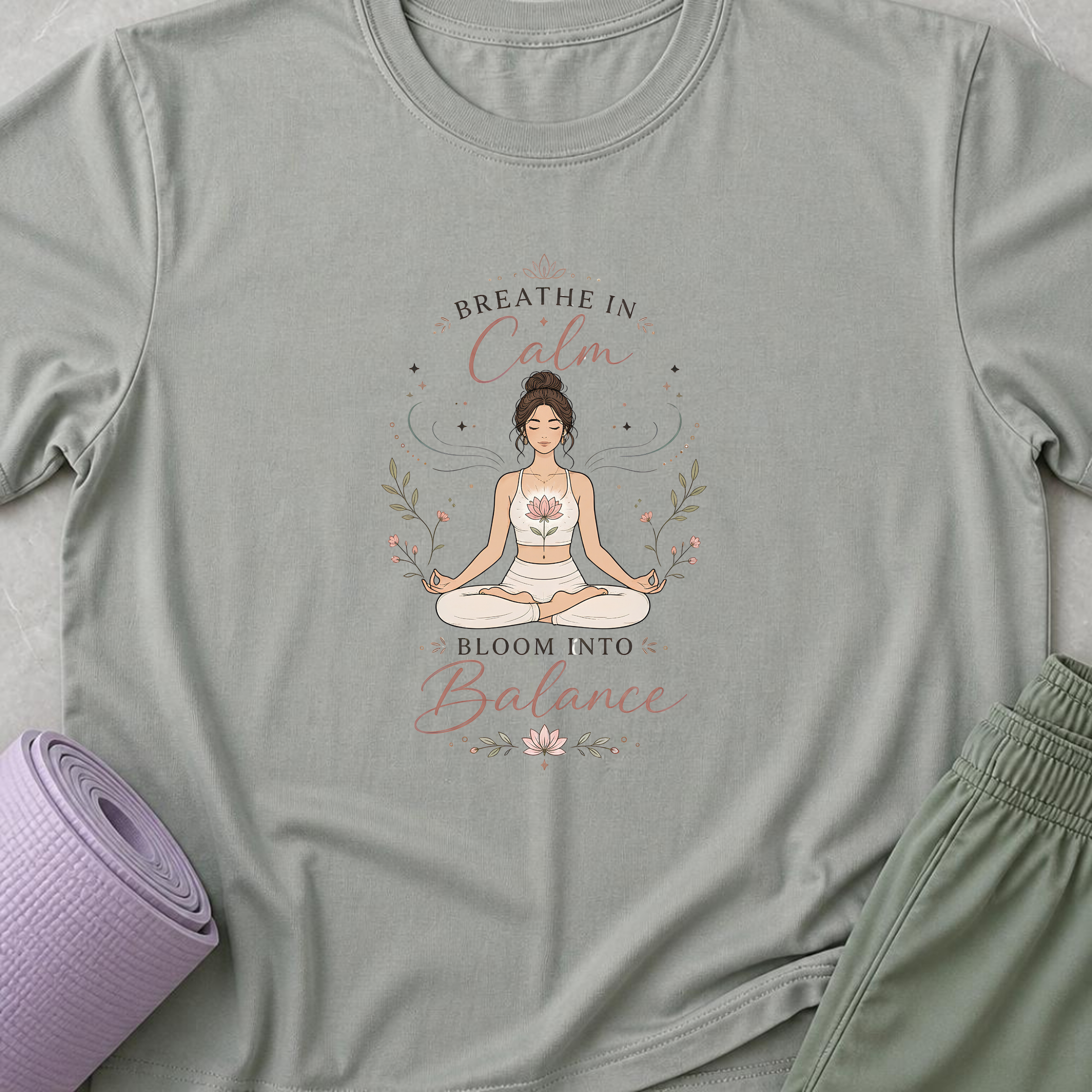Breathe In Calm Bloom Into Balance Yoga T-Shirt.