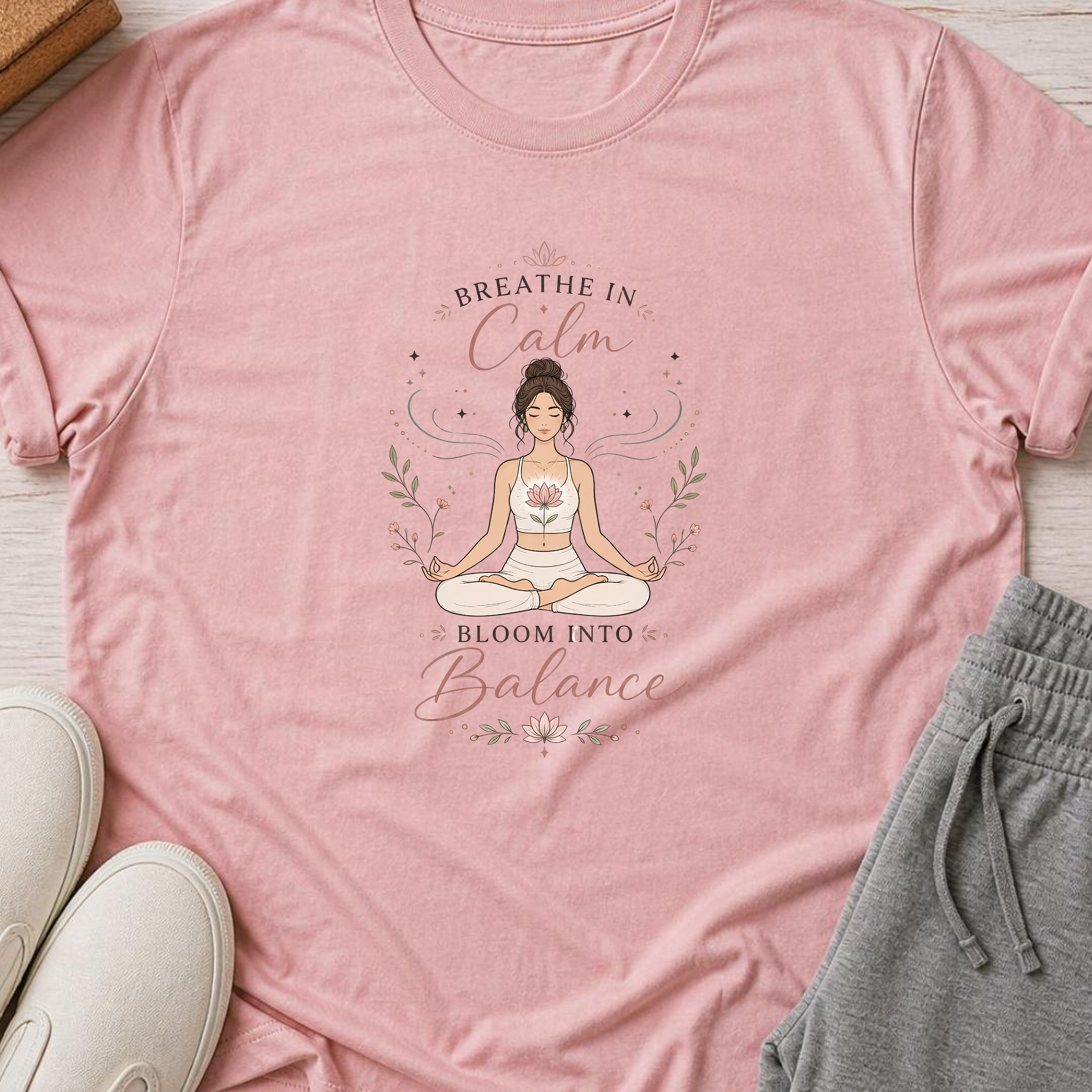 Breathe In Calm Bloom Into Balance Yoga T-Shirt.