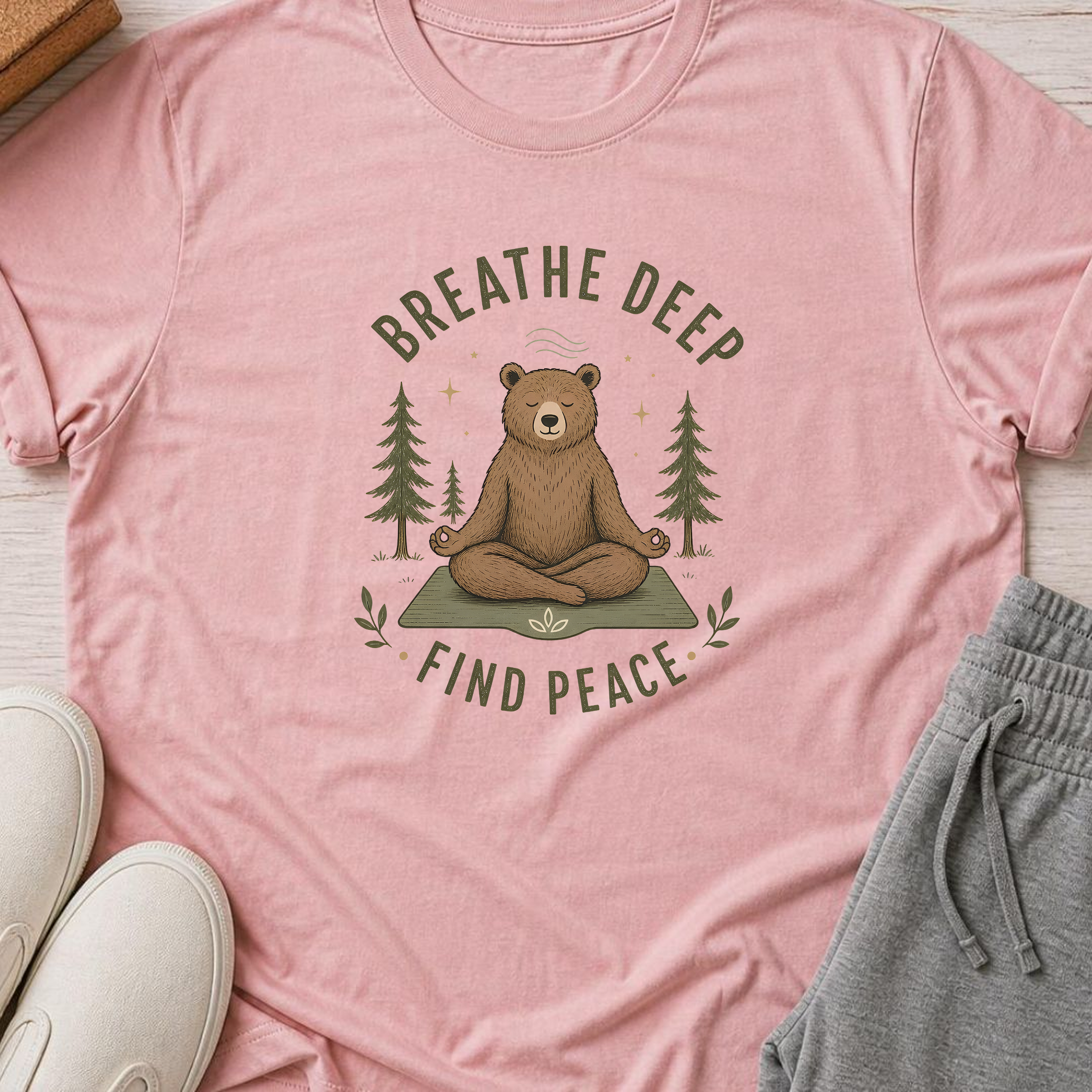 Breathe Deep Find Peace Shirt, Yoga Bear Tee, Meditation T-Shirt, Mindfulness Gift, Peaceful Nature Wellness Shirt.