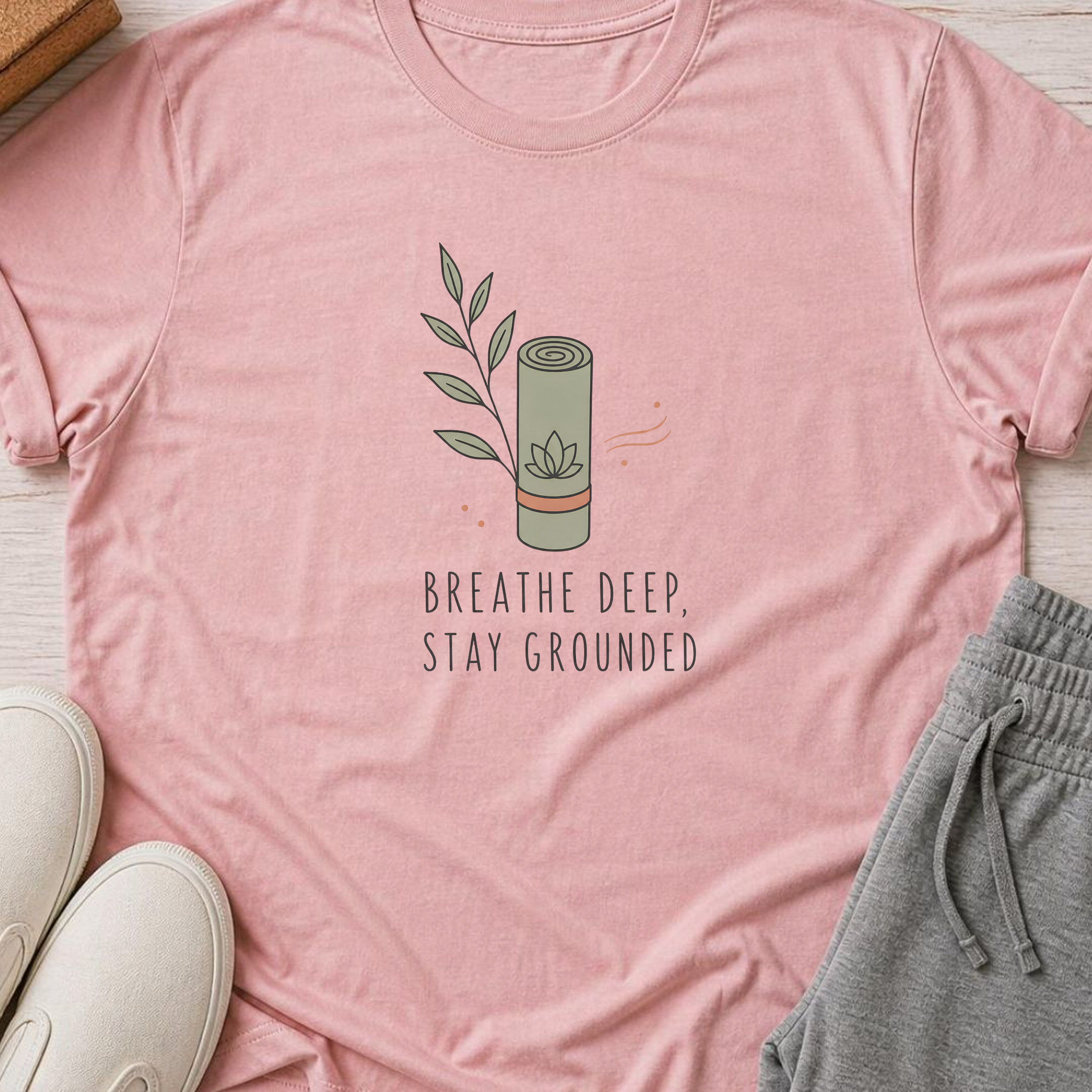 Breathe Deep Stay Grounded Yoga Shirt, Minimalist Yogi Tee, Cute Floral Meditation Shirt, Boho Mindfulness Wellness Gift.