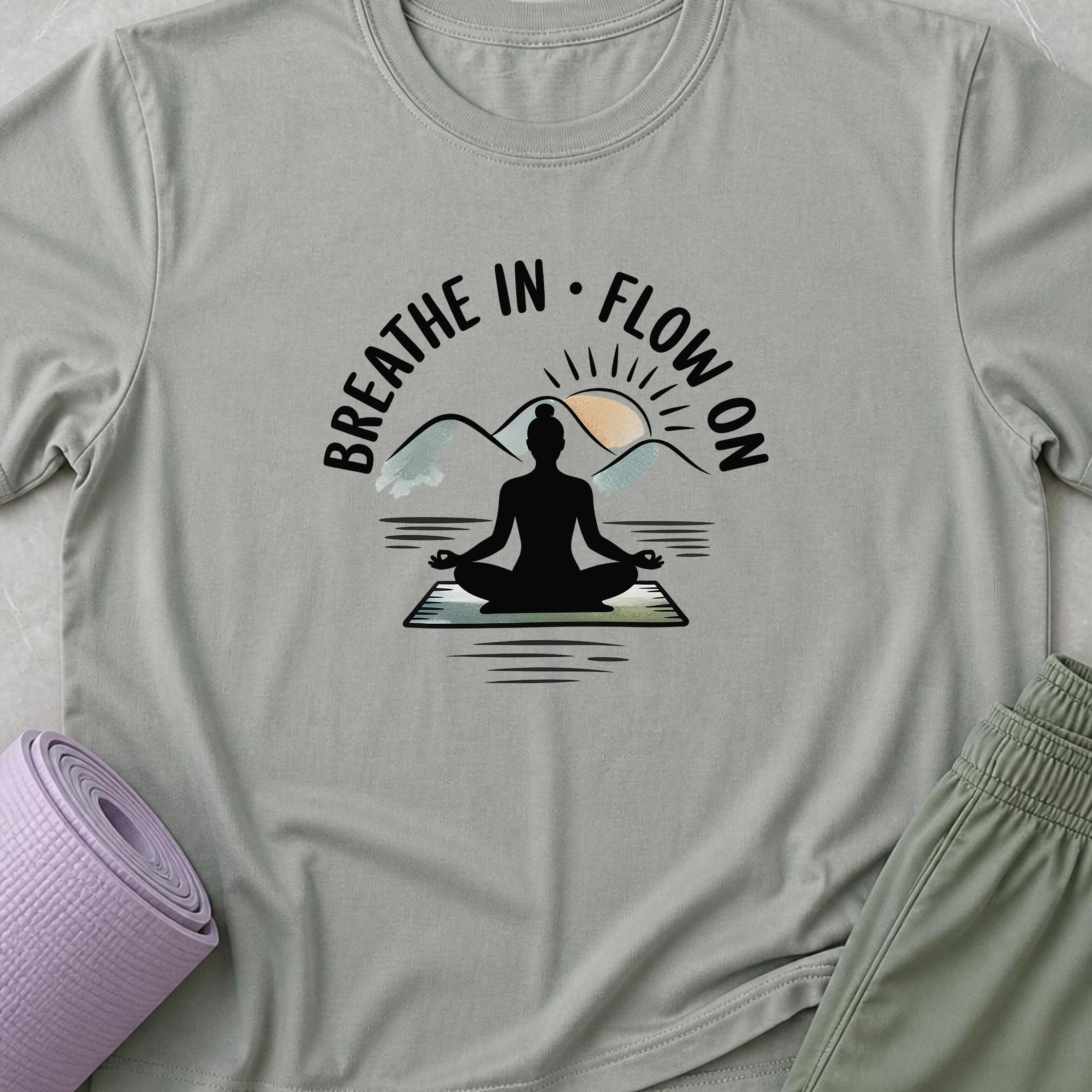 Breathe In Flow On Yoga Shirt, Minimalist Mountain Meditation Tee, Boho Yogi T-Shirt, Mindfulness Wellness Gift for Women, Calm Self Care.