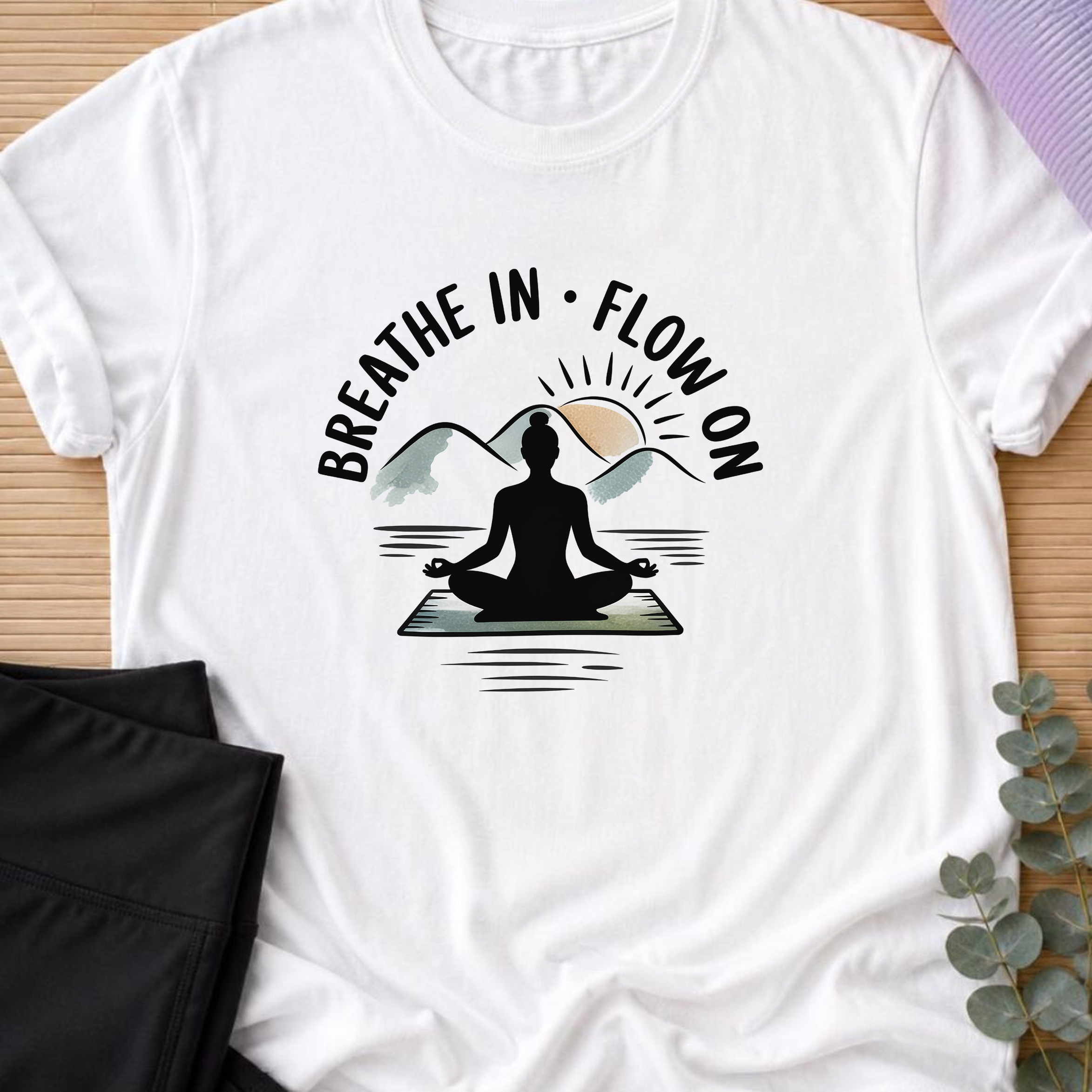 Breathe In Flow On Yoga Shirt, Minimalist Mountain Meditation Tee, Boho Yogi T-Shirt, Mindfulness Wellness Gift for Women, Calm Self Care.