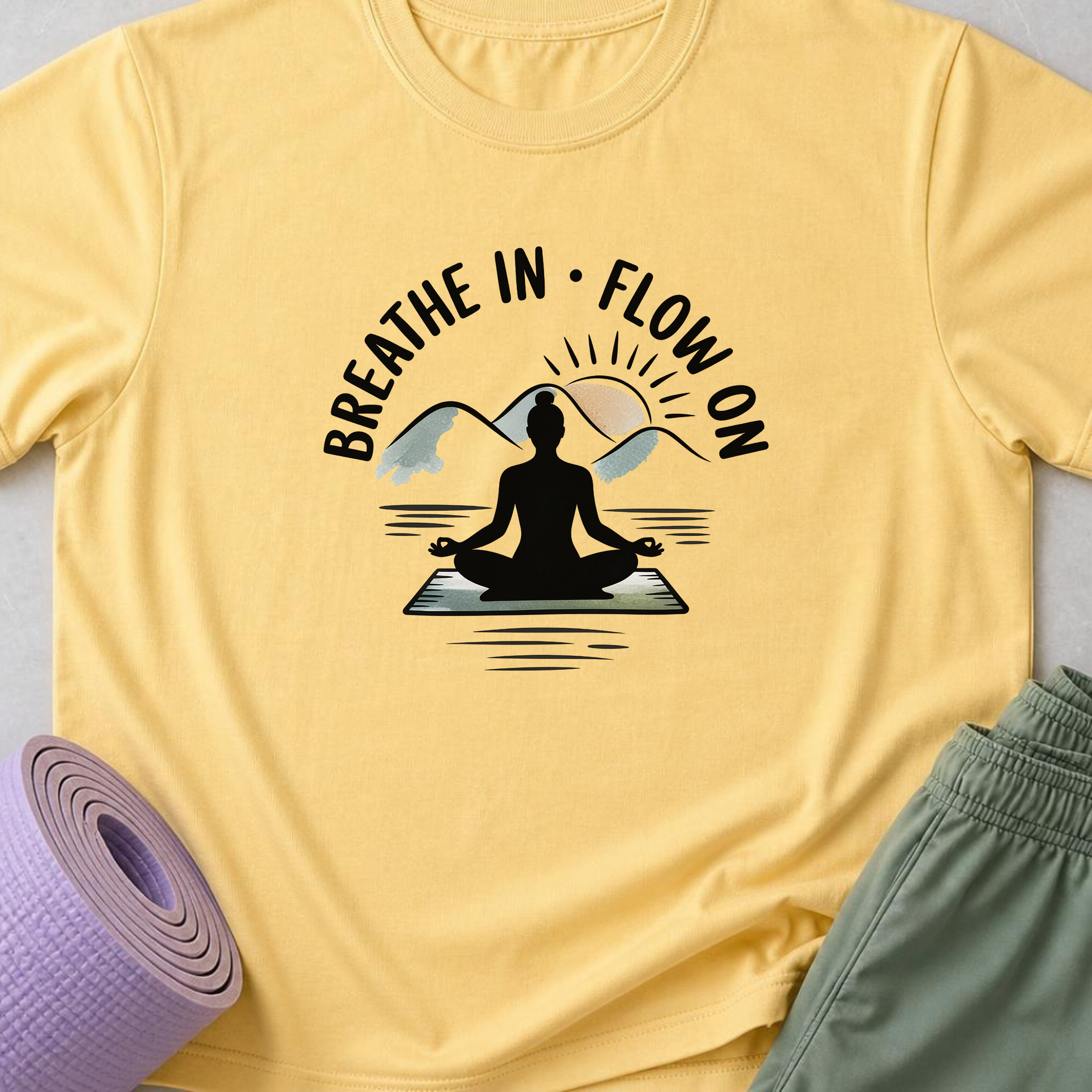 Breathe In Flow On Yoga Shirt, Minimalist Mountain Meditation Tee, Boho Yogi T-Shirt, Mindfulness Wellness Gift for Women, Calm Self Care.