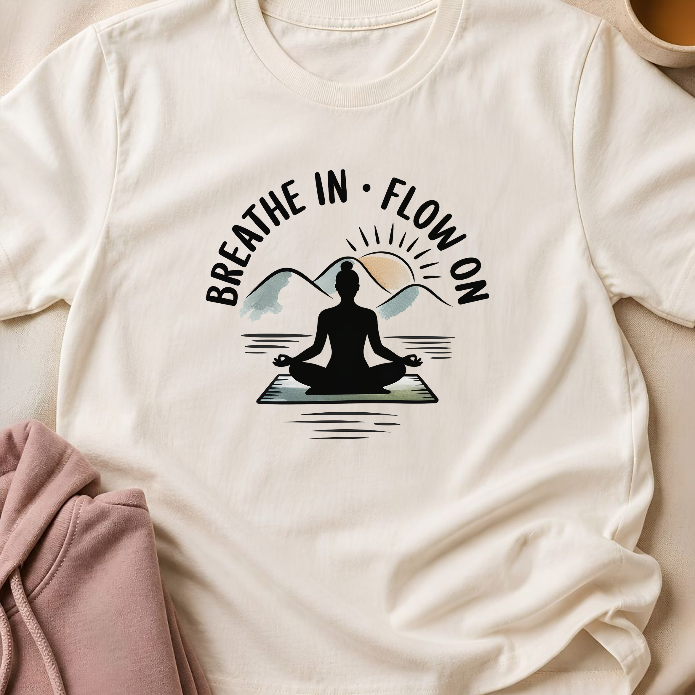 Breathe In Flow On Yoga Shirt, Minimalist Mountain Meditation Tee, Boho Yogi T-Shirt, Mindfulness Wellness Gift for Women, Calm Self Care.
