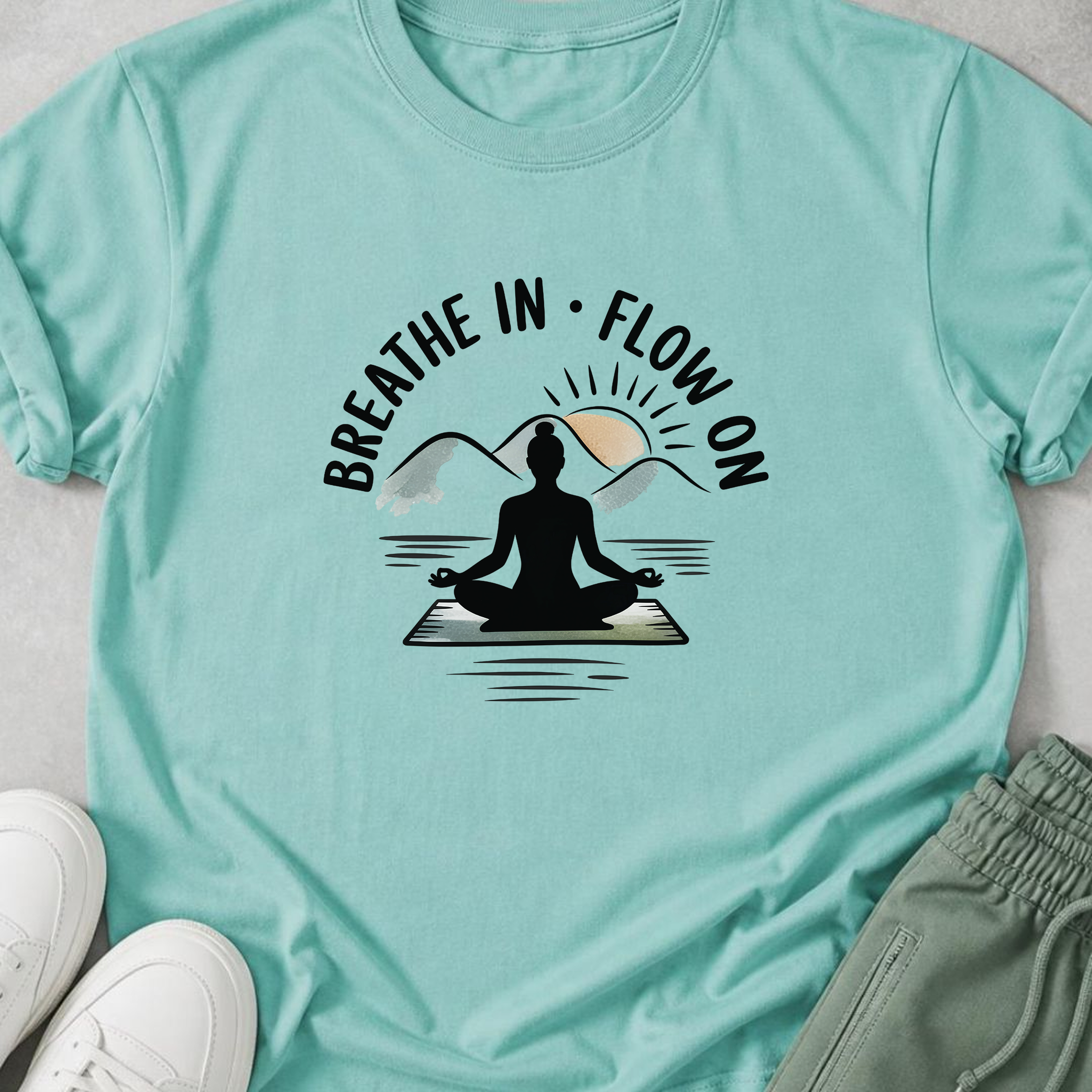 Breathe In Flow On Yoga Shirt, Minimalist Mountain Meditation Tee, Boho Yogi T-Shirt, Mindfulness Wellness Gift for Women, Calm Self Care.