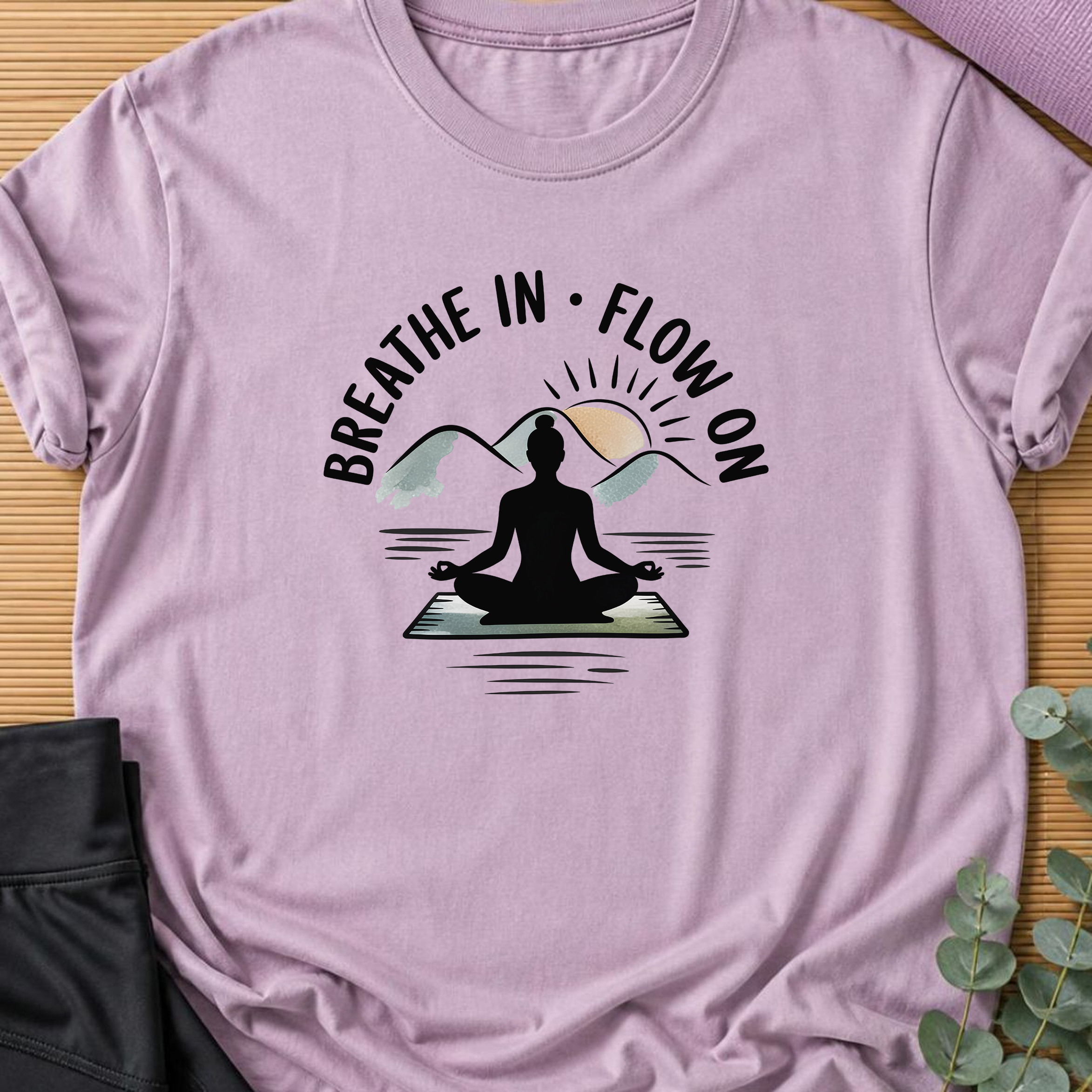 Breathe In Flow On Yoga Shirt, Minimalist Mountain Meditation Tee, Boho Yogi T-Shirt, Mindfulness Wellness Gift for Women, Calm Self Care.
