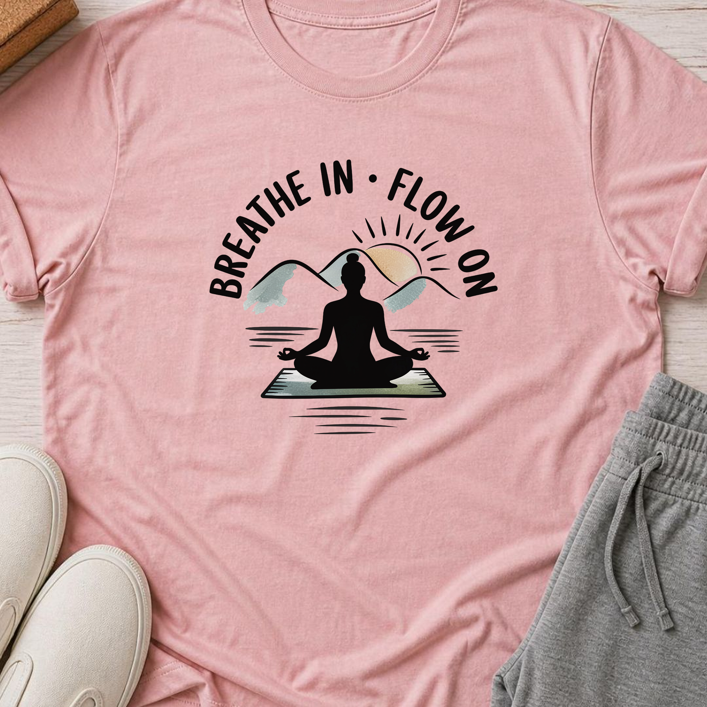 Breathe In Flow On Yoga Shirt, Minimalist Mountain Meditation Tee, Boho Yogi T-Shirt, Mindfulness Wellness Gift for Women, Calm Self Care.