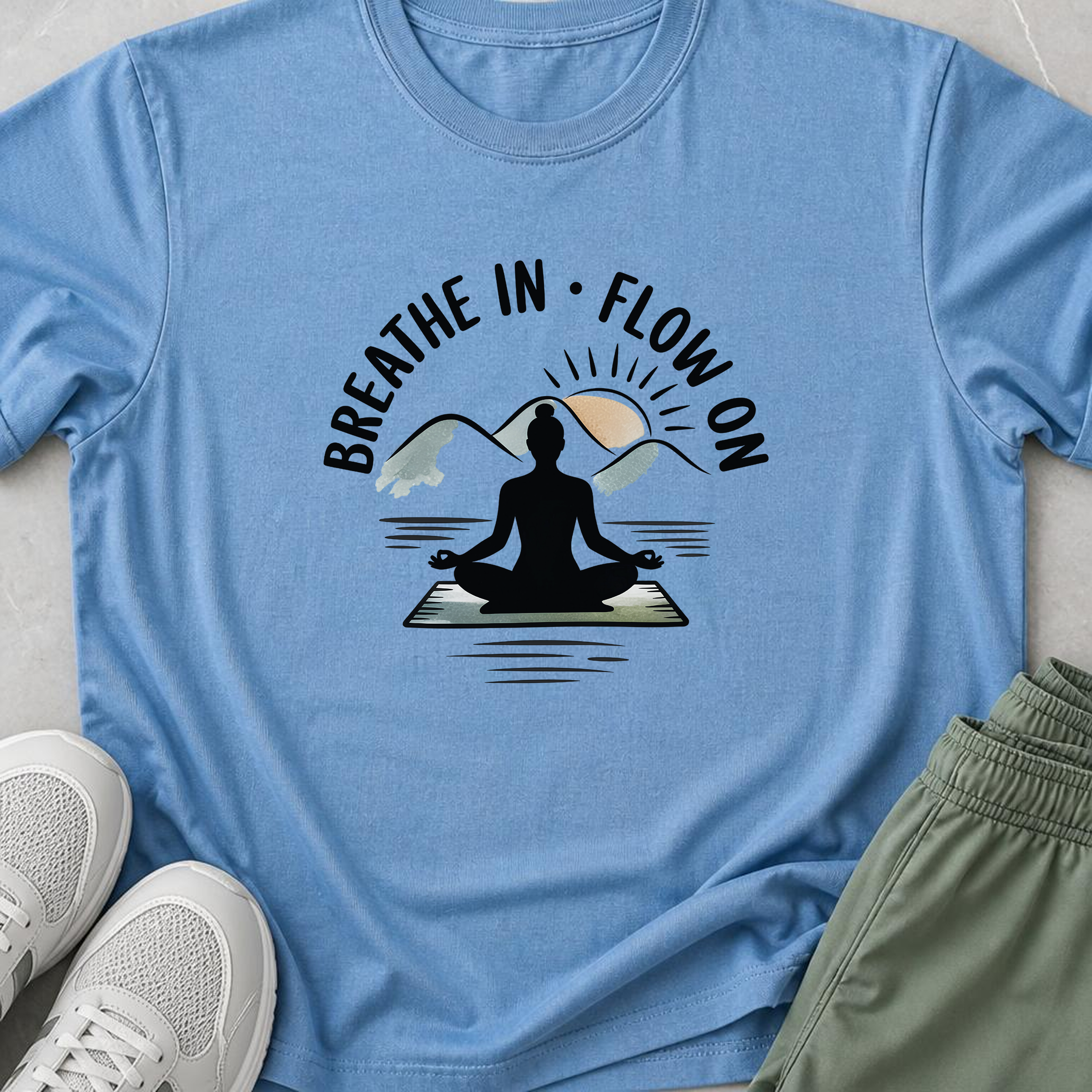 Breathe In Flow On Yoga Shirt, Minimalist Mountain Meditation Tee, Boho Yogi T-Shirt, Mindfulness Wellness Gift for Women, Calm Self Care.