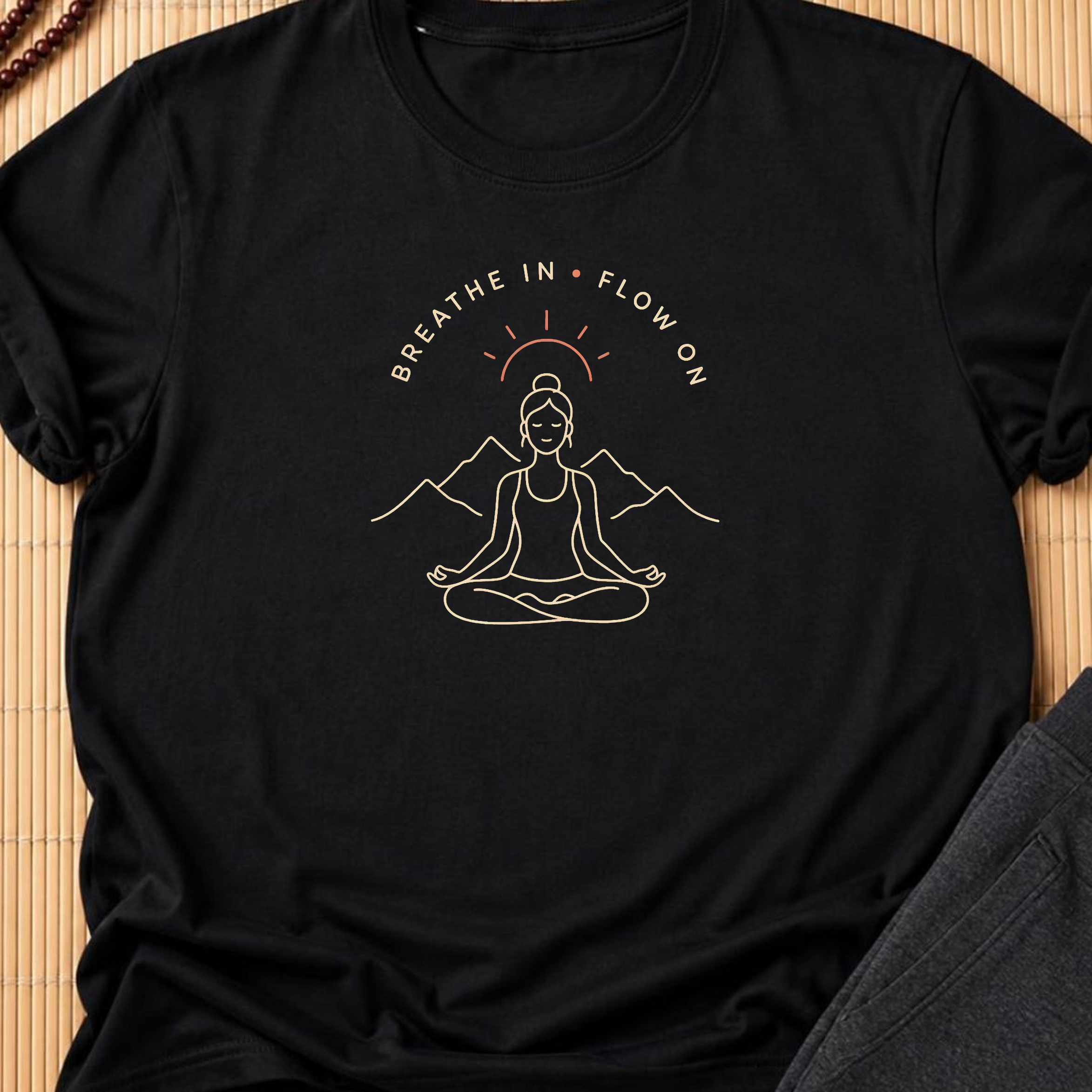 Breathe In Flow On Yoga Shirt, Minimalist Mountain Meditation Tee, Boho Yogi T-Shirt, Mindfulness Wellness Gift for Women, Calm Self Care.