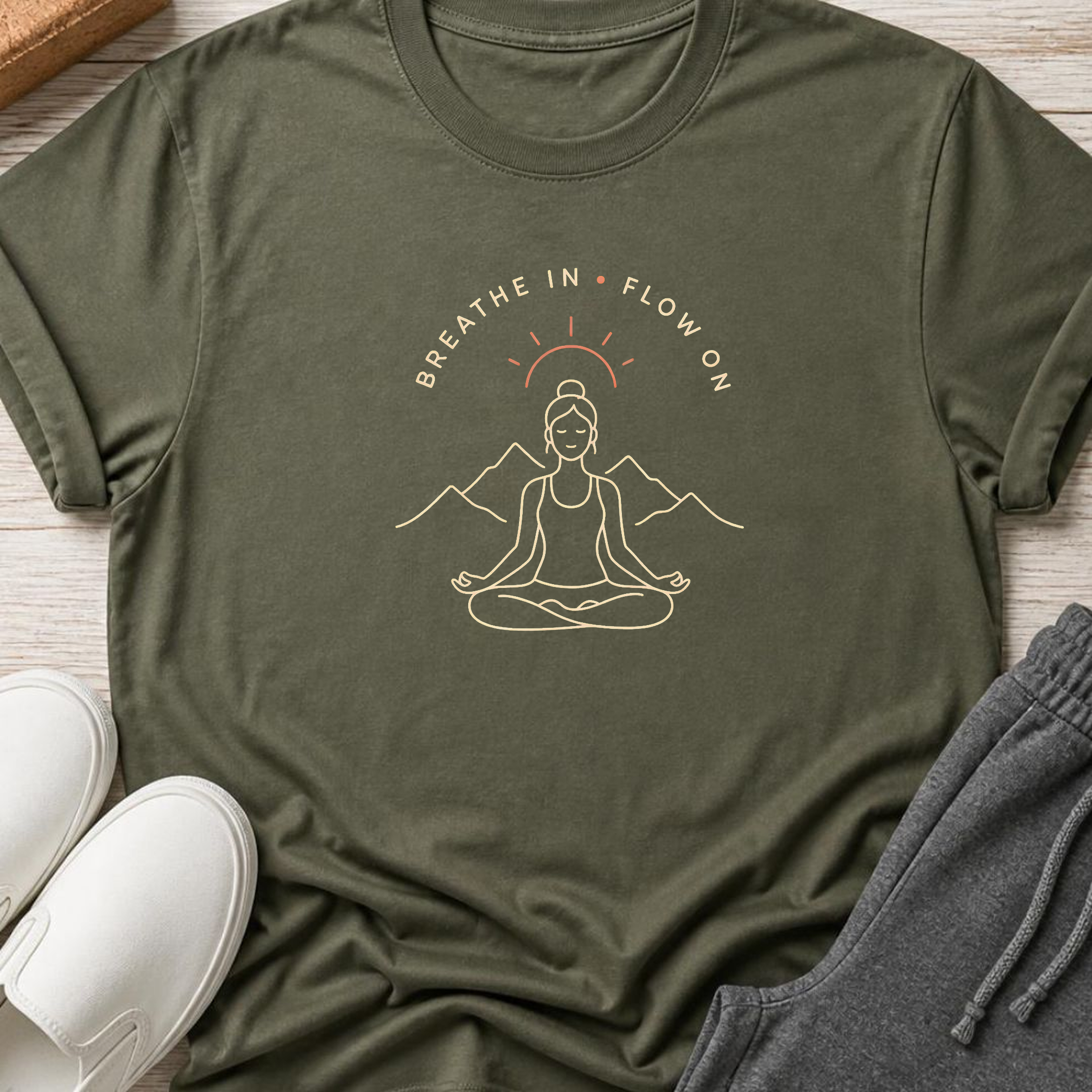Breathe In Flow On Yoga Shirt, Minimalist Mountain Meditation Tee, Boho Yogi T-Shirt, Mindfulness Wellness Gift for Women, Calm Self Care.