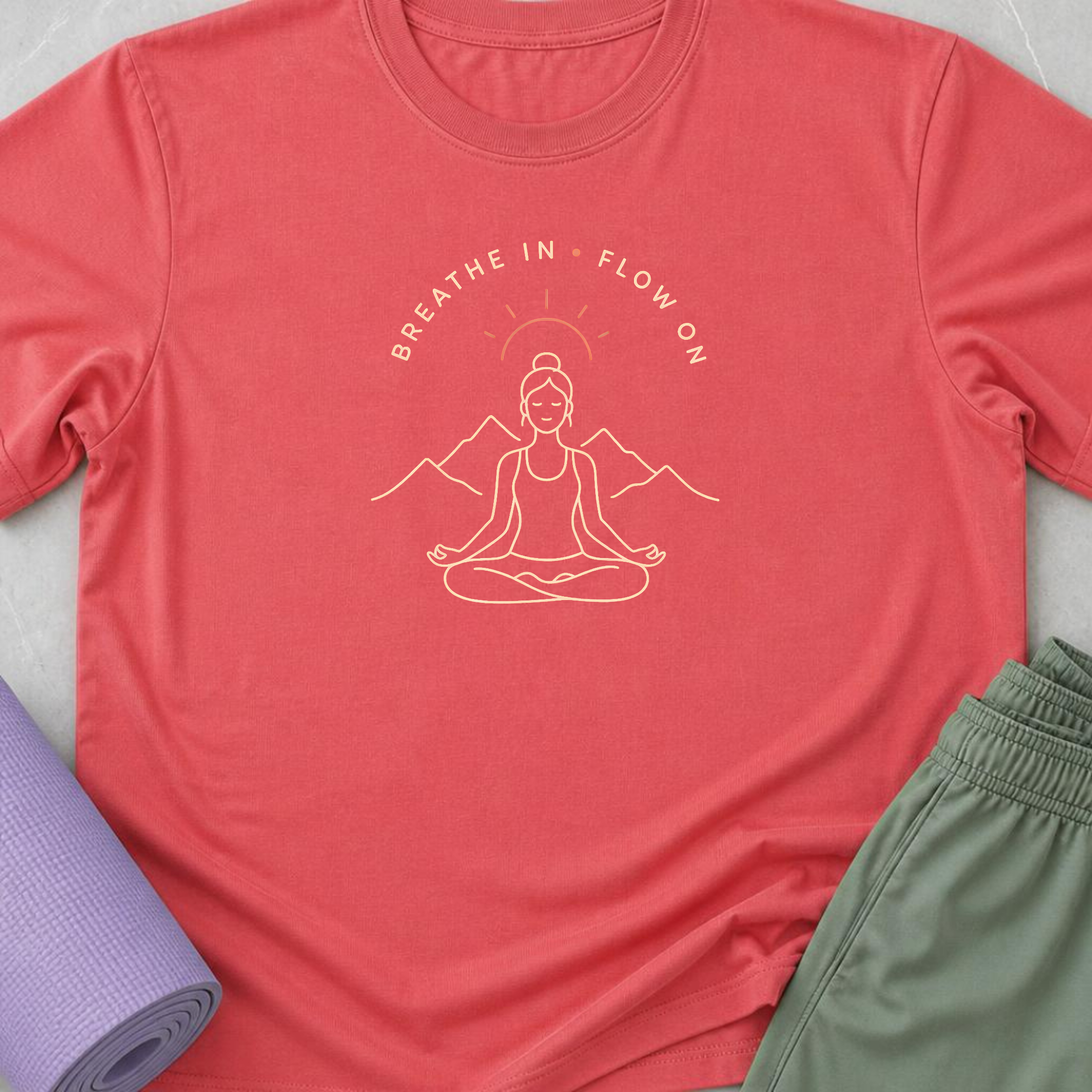 Breathe In Flow On Yoga Shirt, Minimalist Mountain Meditation Tee, Boho Yogi T-Shirt, Mindfulness Wellness Gift for Women, Calm Self Care.
