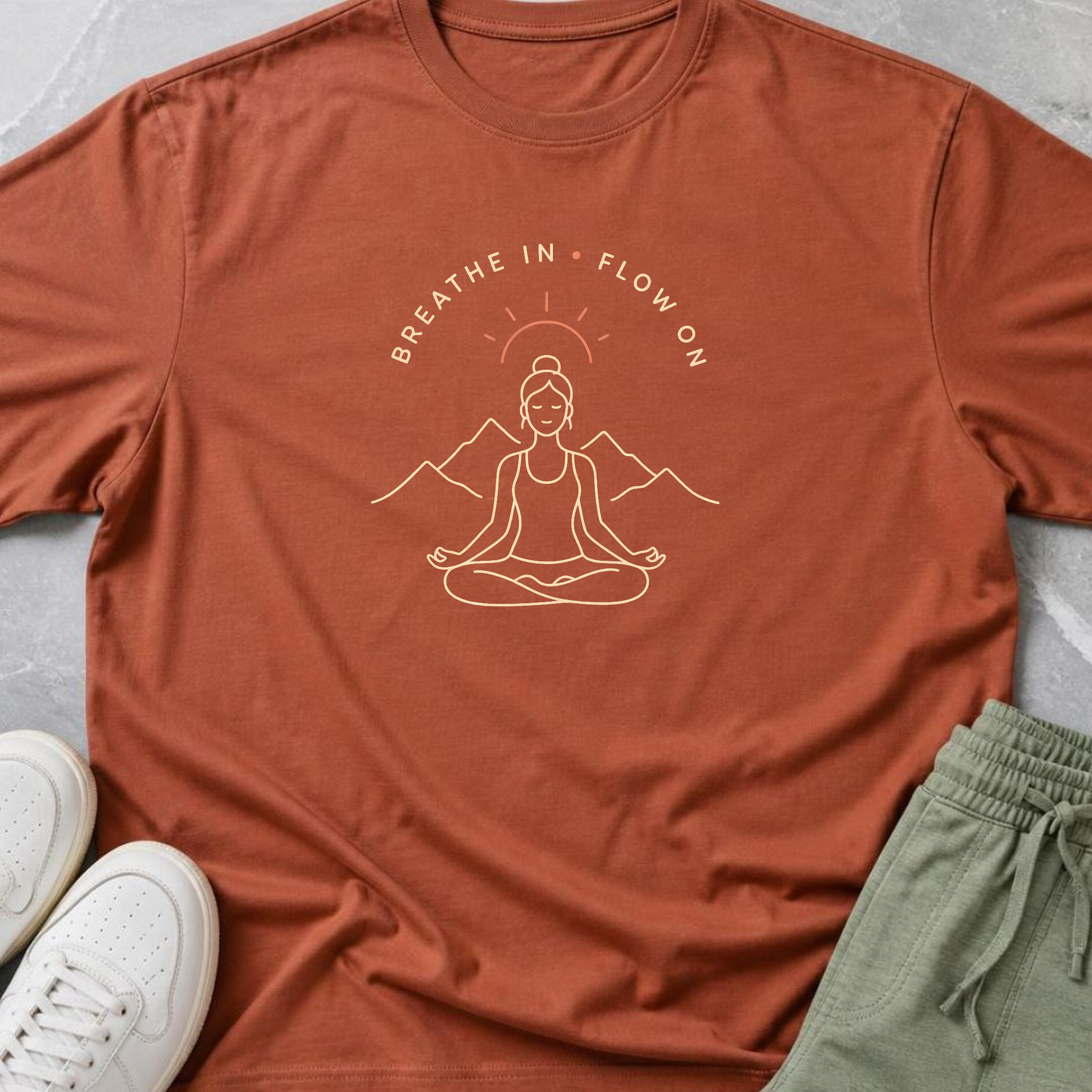 Breathe In Flow On Yoga Shirt, Minimalist Mountain Meditation Tee, Boho Yogi T-Shirt, Mindfulness Wellness Gift for Women, Calm Self Care.