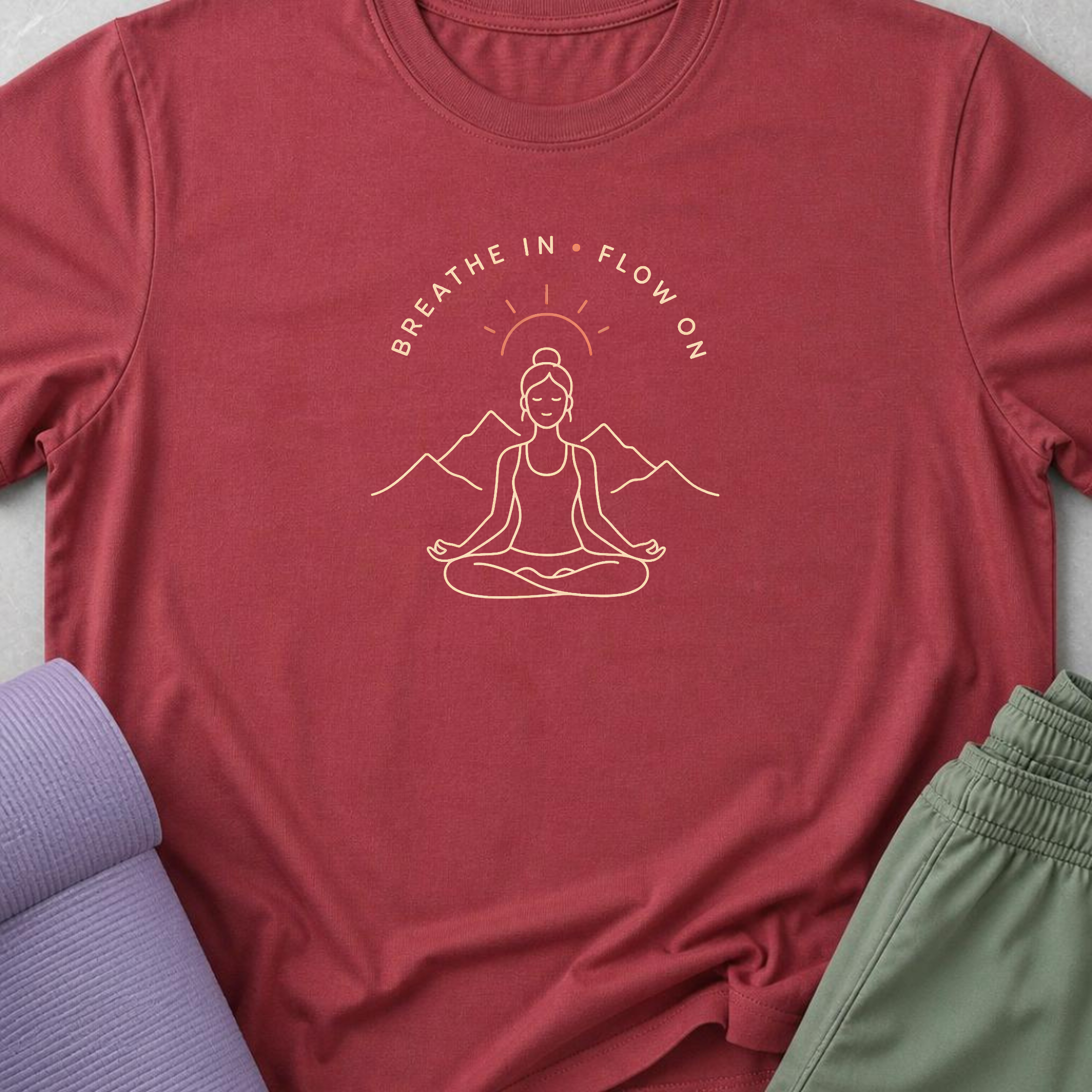 Breathe In Flow On Yoga Shirt, Minimalist Mountain Meditation Tee, Boho Yogi T-Shirt, Mindfulness Wellness Gift for Women, Calm Self Care.
