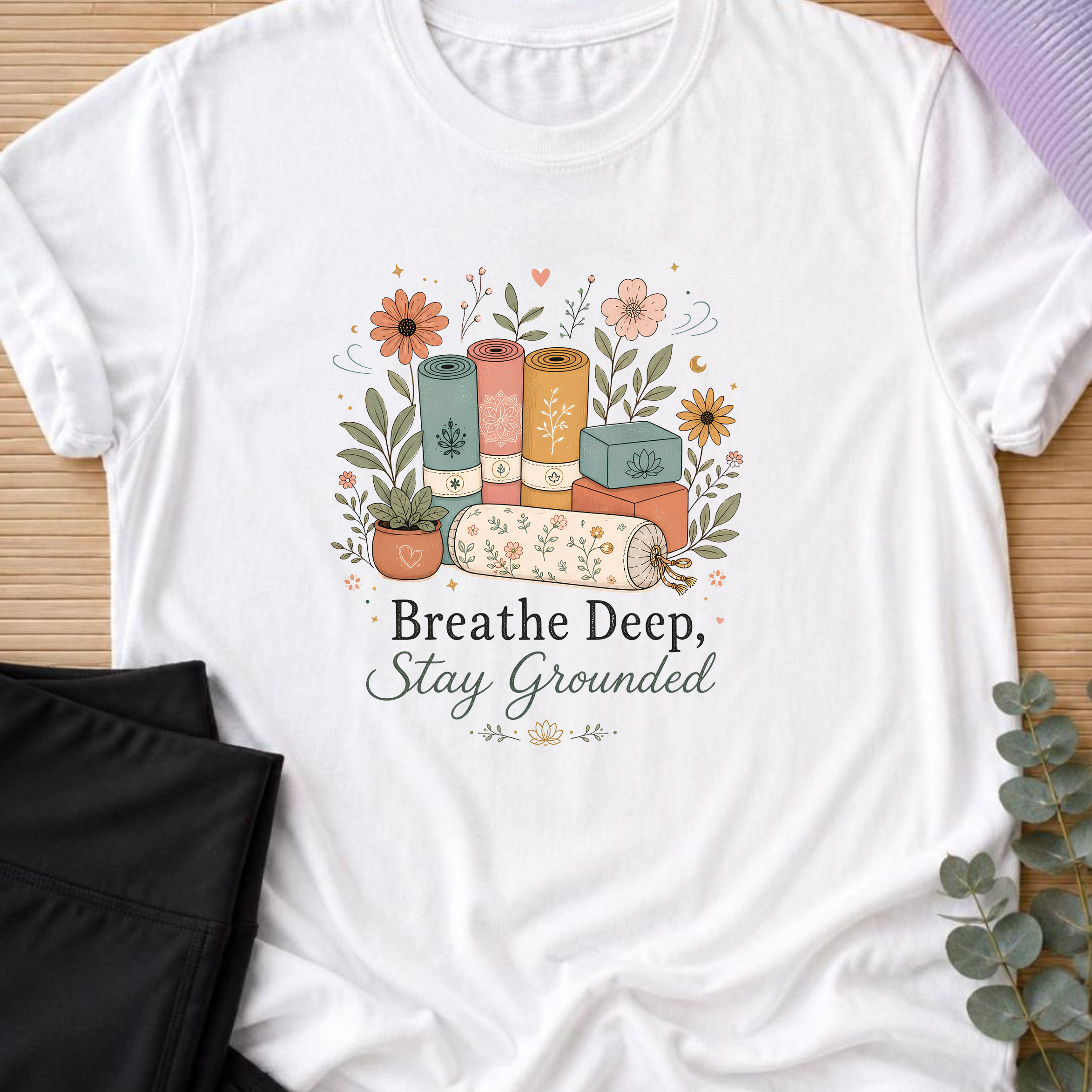 Breathe Deep Stay Grounded Yoga Shirt, Minimalist Yogi Tee, Cute Floral Meditation Shirt, Boho Mindfulness Wellness Gift.