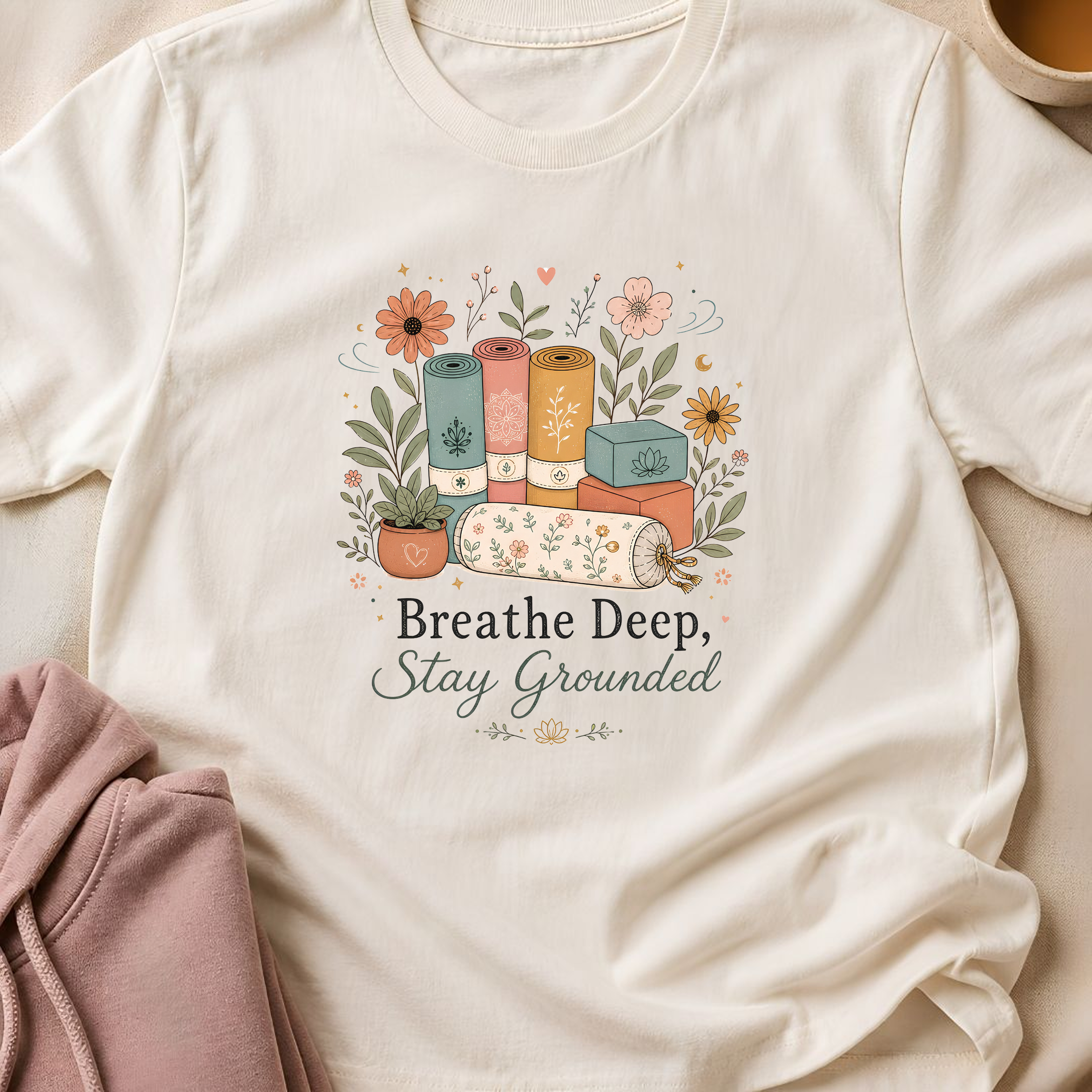 Breathe Deep Stay Grounded Yoga Shirt, Minimalist Yogi Tee, Cute Floral Meditation Shirt, Boho Mindfulness Wellness Gift.