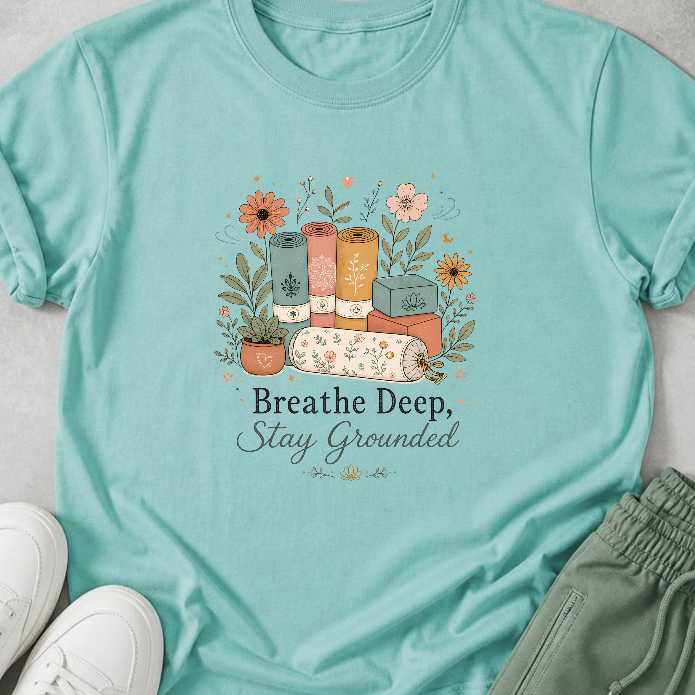Breathe Deep Stay Grounded Yoga Shirt, Minimalist Yogi Tee, Cute Floral Meditation Shirt, Boho Mindfulness Wellness Gift.