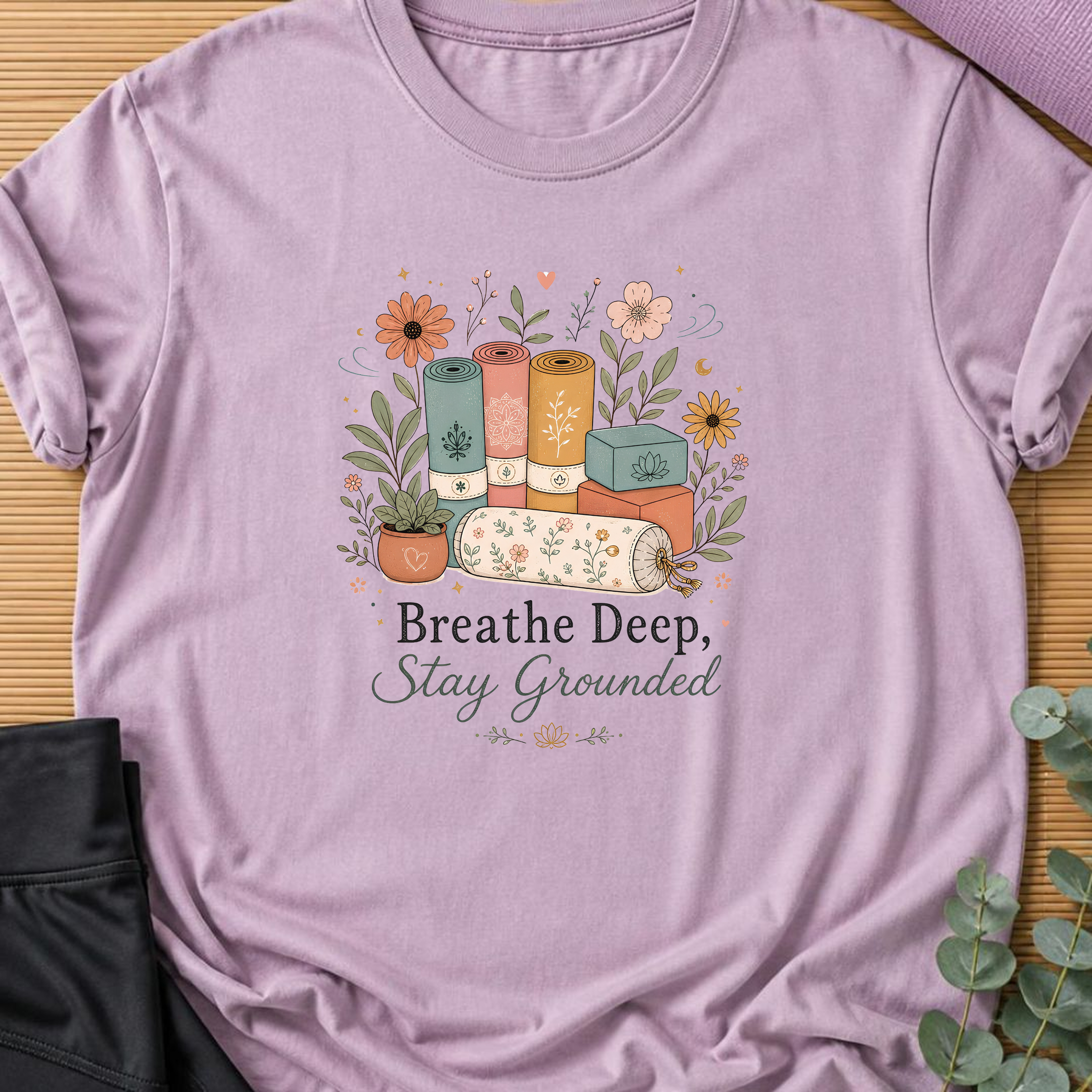 Breathe Deep Stay Grounded Yoga Shirt, Minimalist Yogi Tee, Cute Floral Meditation Shirt, Boho Mindfulness Wellness Gift.