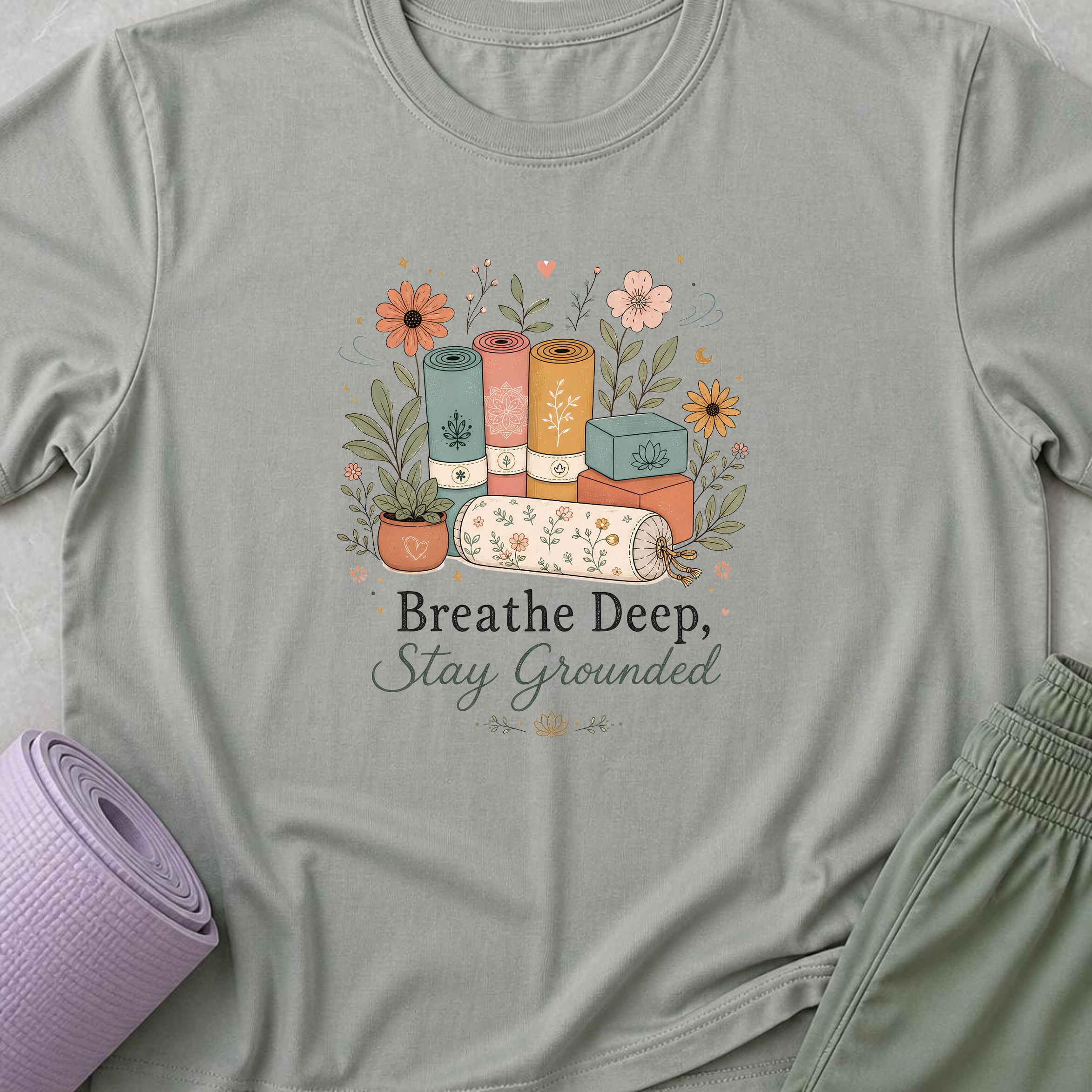 Breathe Deep Stay Grounded Yoga Shirt, Minimalist Yogi Tee, Cute Floral Meditation Shirt, Boho Mindfulness Wellness Gift.