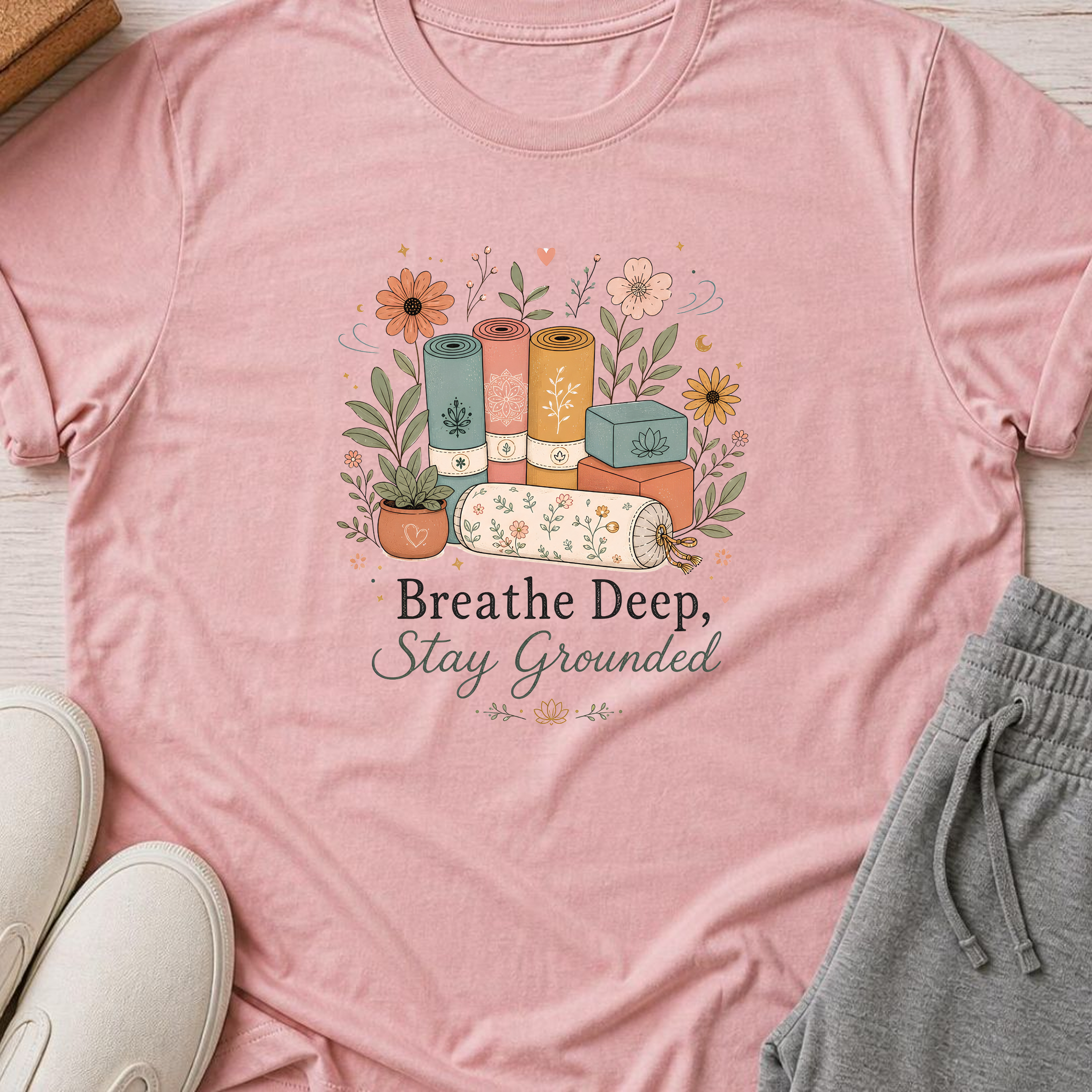 Breathe Deep Stay Grounded Yoga Shirt, Minimalist Yogi Tee, Cute Floral Meditation Shirt, Boho Mindfulness Wellness Gift.