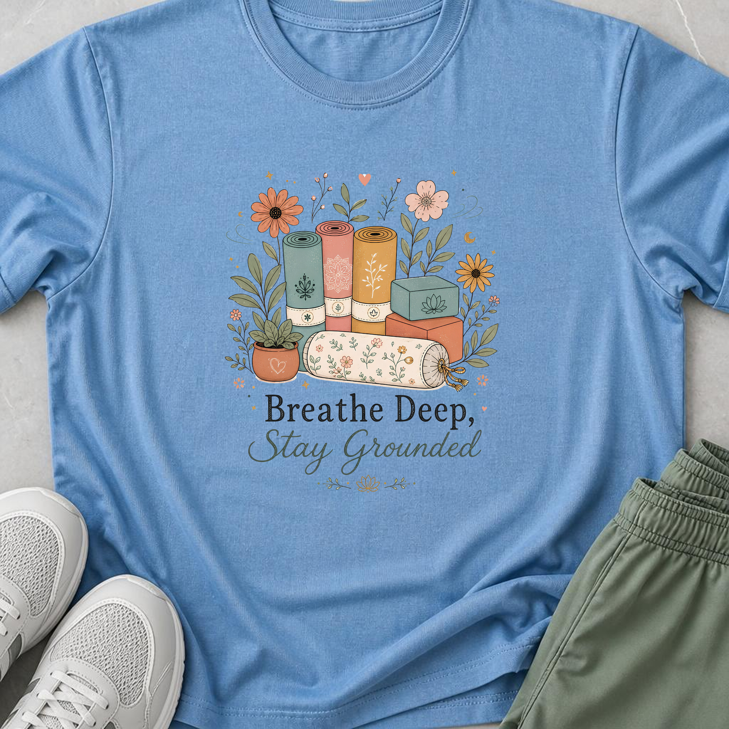 Breathe Deep Stay Grounded Yoga Shirt, Minimalist Yogi Tee, Cute Floral Meditation Shirt, Boho Mindfulness Wellness Gift.