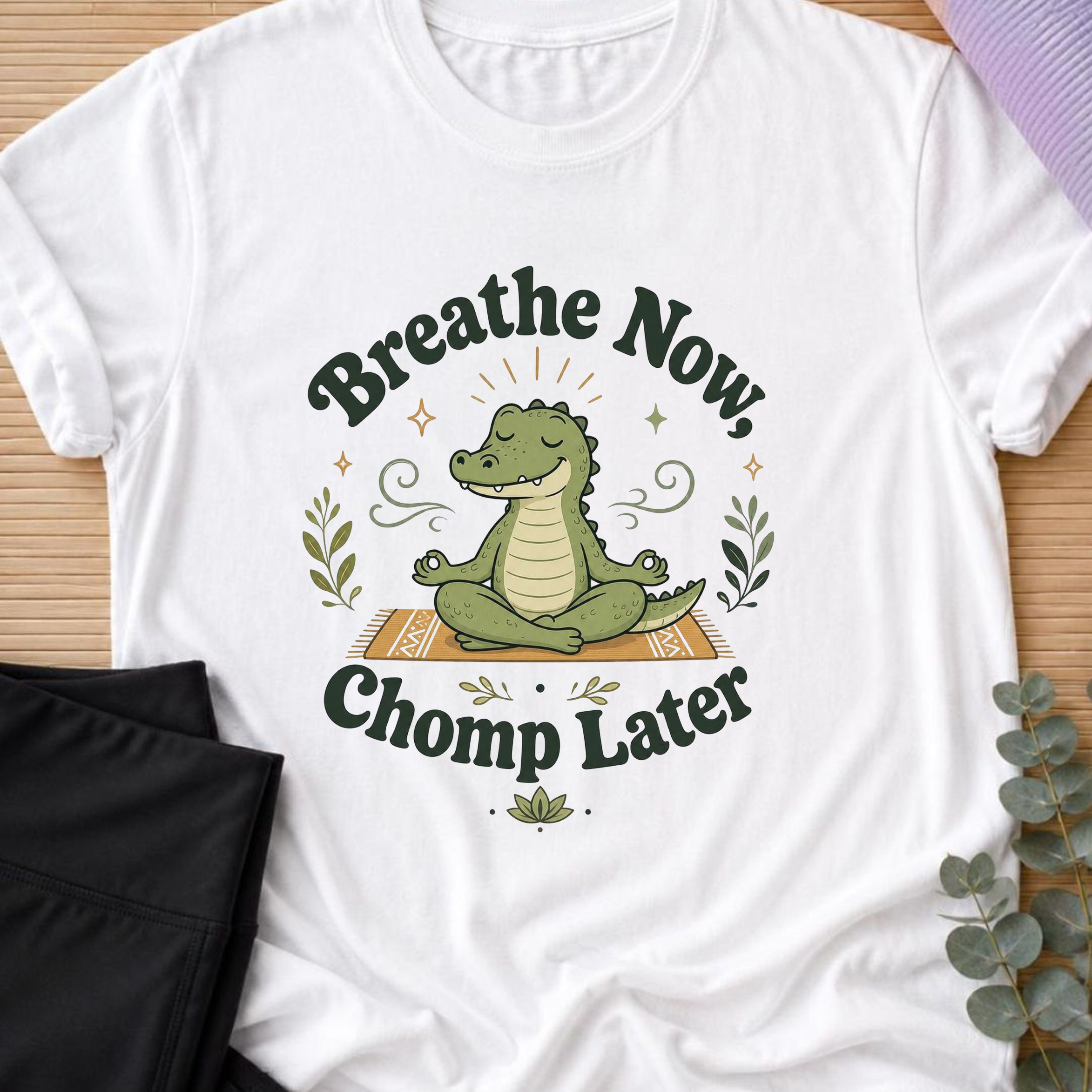 Breathe Now Chomp Later Alligator Yoga Shirt, Funny Meditation Tee, Cute Reptile Wellness Gift.