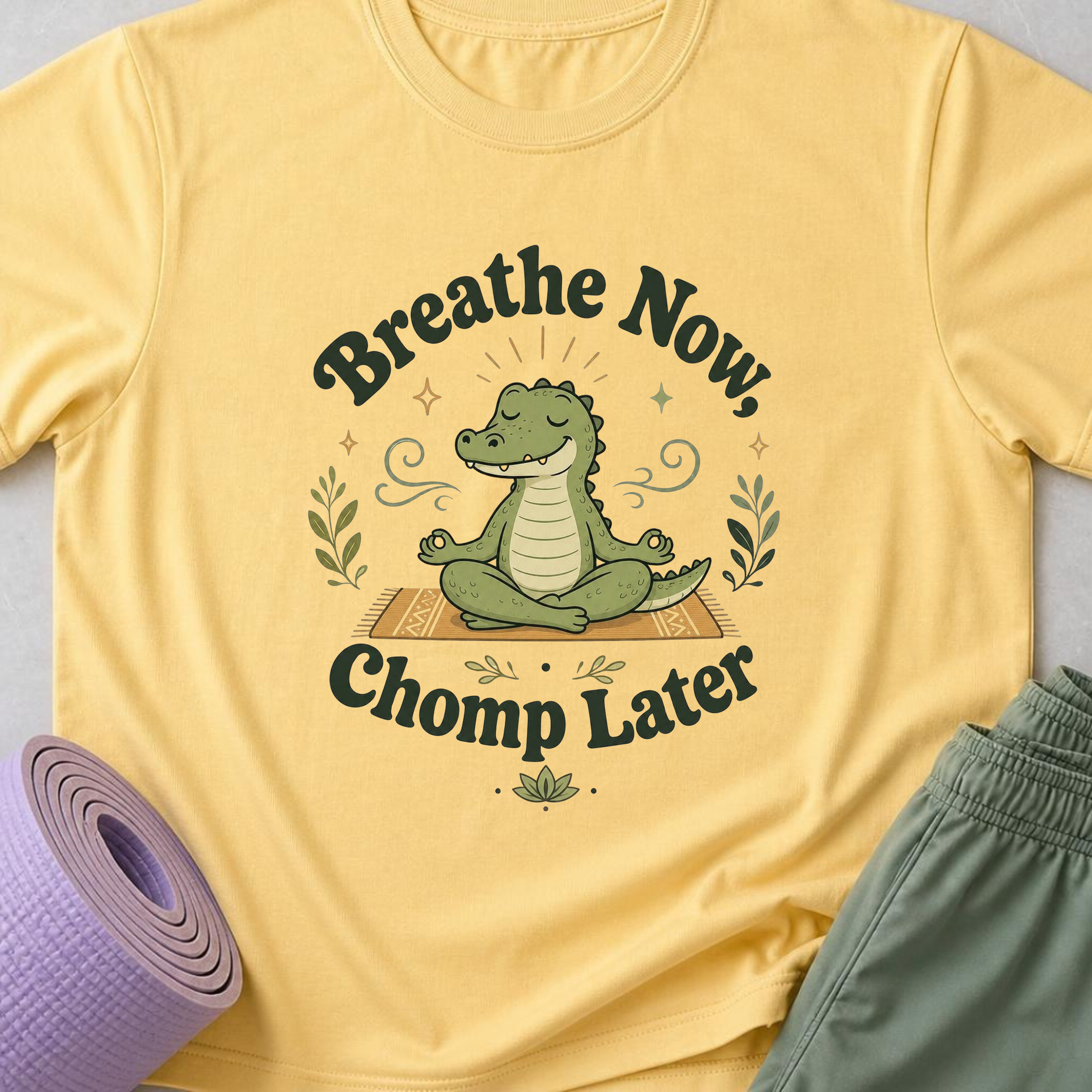 Breathe Now Chomp Later Alligator Yoga Shirt, Funny Meditation Tee, Cute Reptile Wellness Gift.