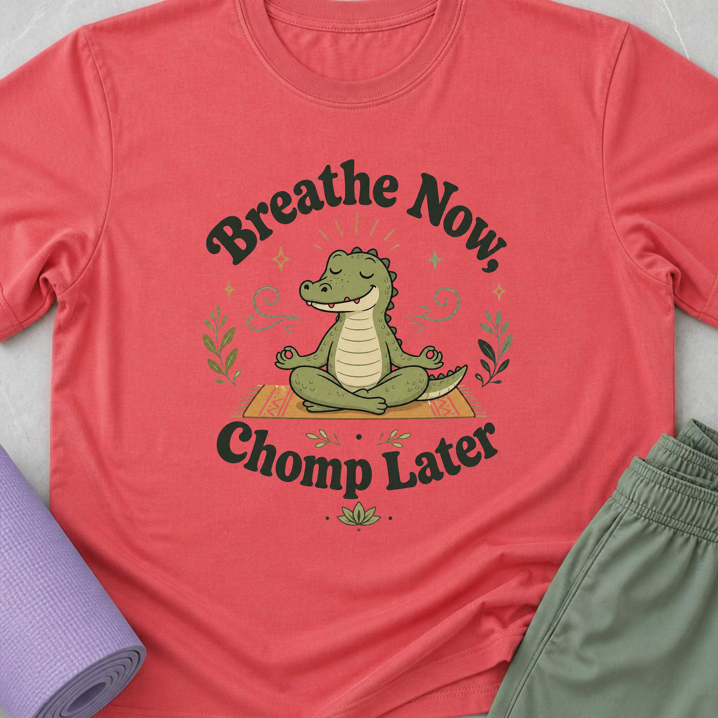 Breathe Now Chomp Later Alligator Yoga Shirt, Funny Meditation Tee, Cute Reptile Wellness Gift.