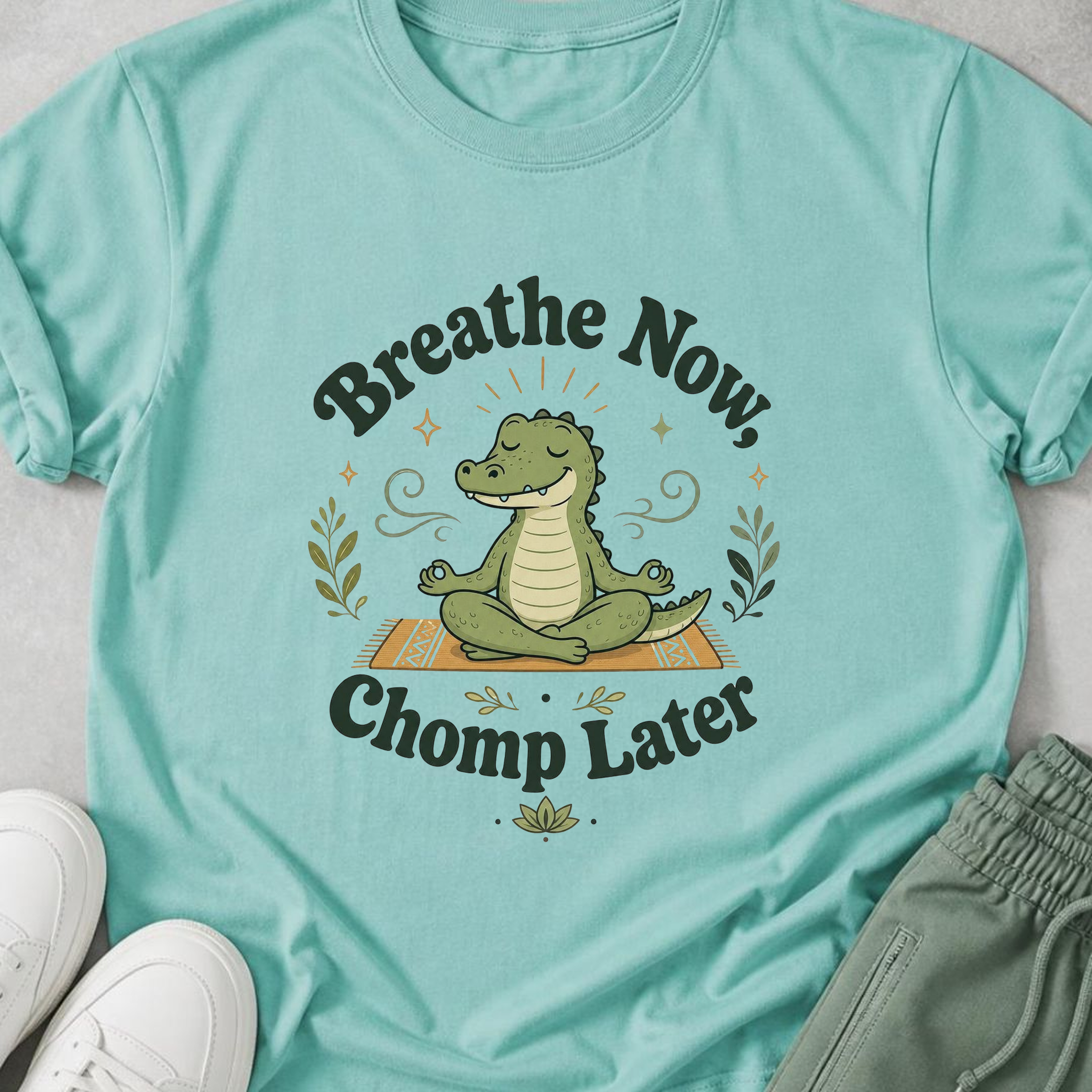 Breathe Now Chomp Later Alligator Yoga Shirt, Funny Meditation Tee, Cute Reptile Wellness Gift.