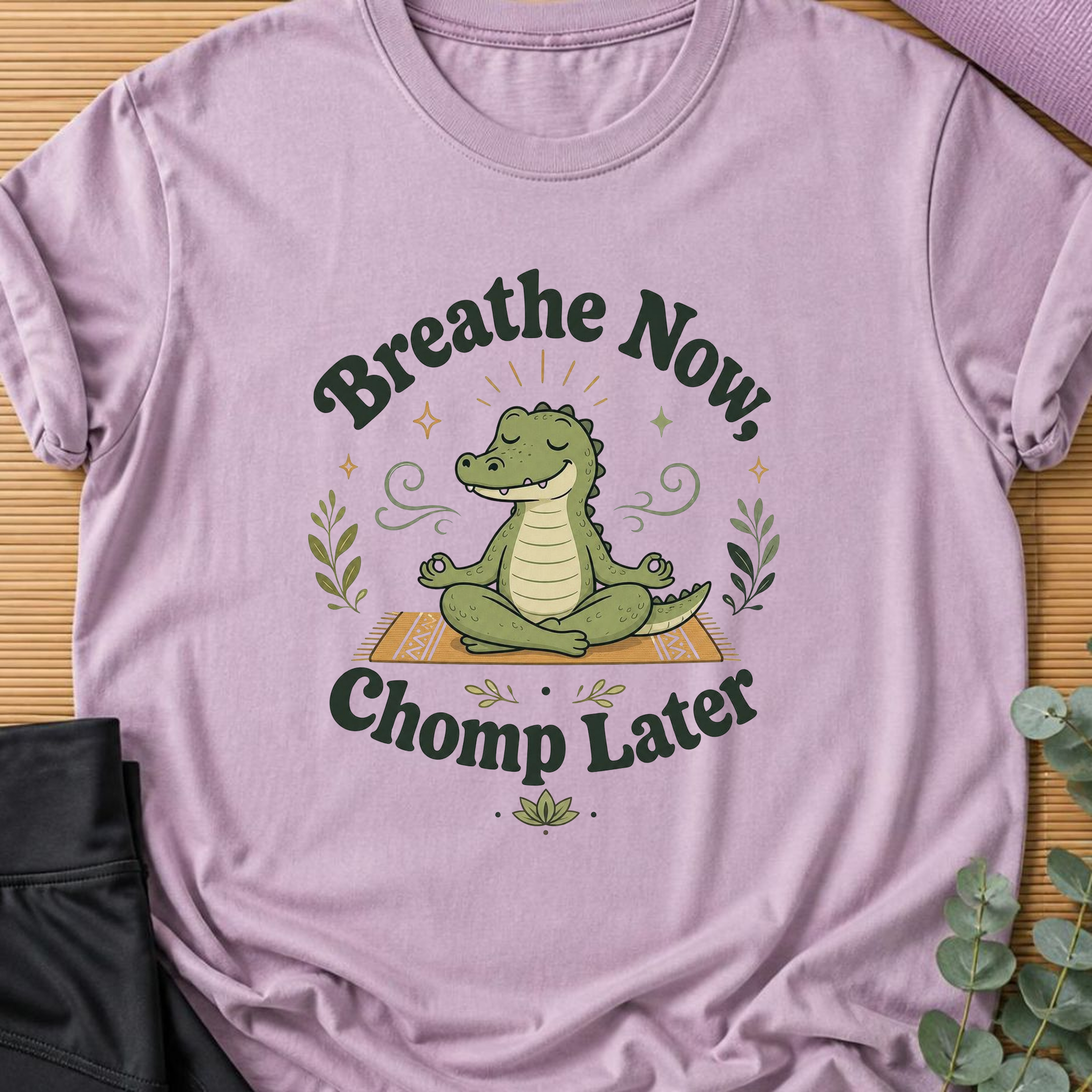 Breathe Now Chomp Later Alligator Yoga Shirt, Funny Meditation Tee, Cute Reptile Wellness Gift.