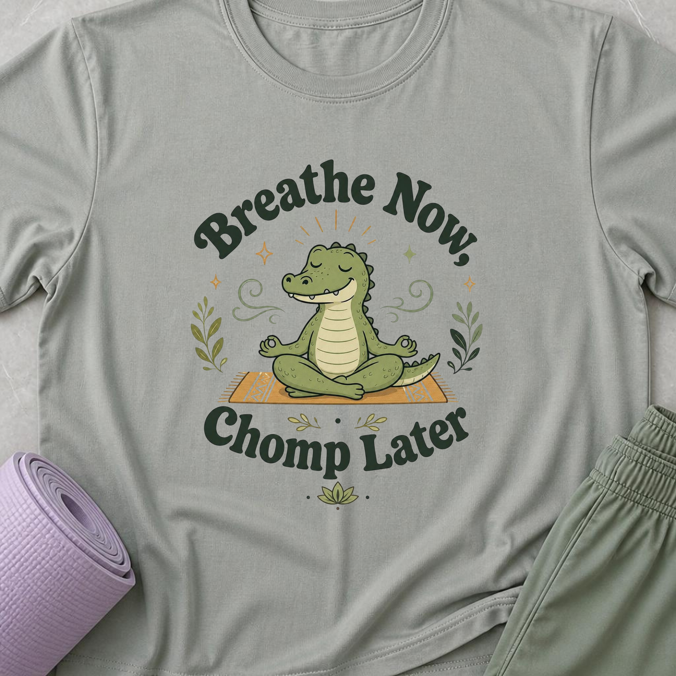 Breathe Now Chomp Later Alligator Yoga Shirt, Funny Meditation Tee, Cute Reptile Wellness Gift.