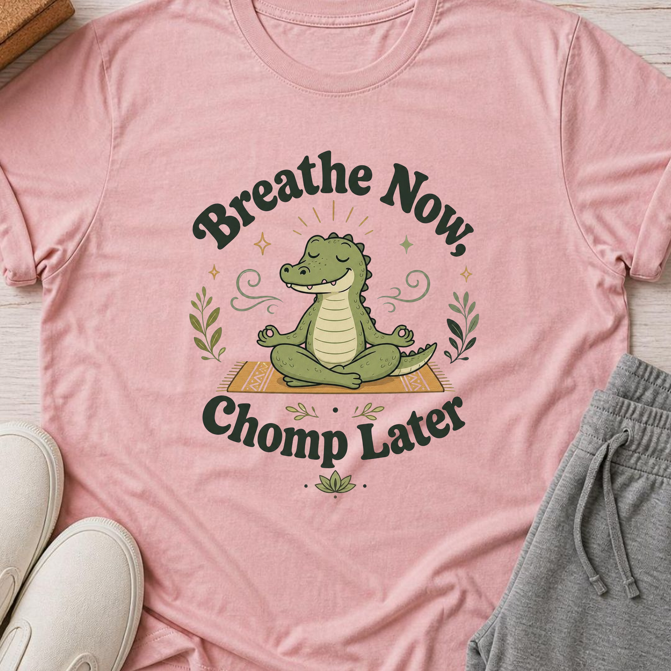 Breathe Now Chomp Later Alligator Yoga Shirt, Funny Meditation Tee, Cute Reptile Wellness Gift.