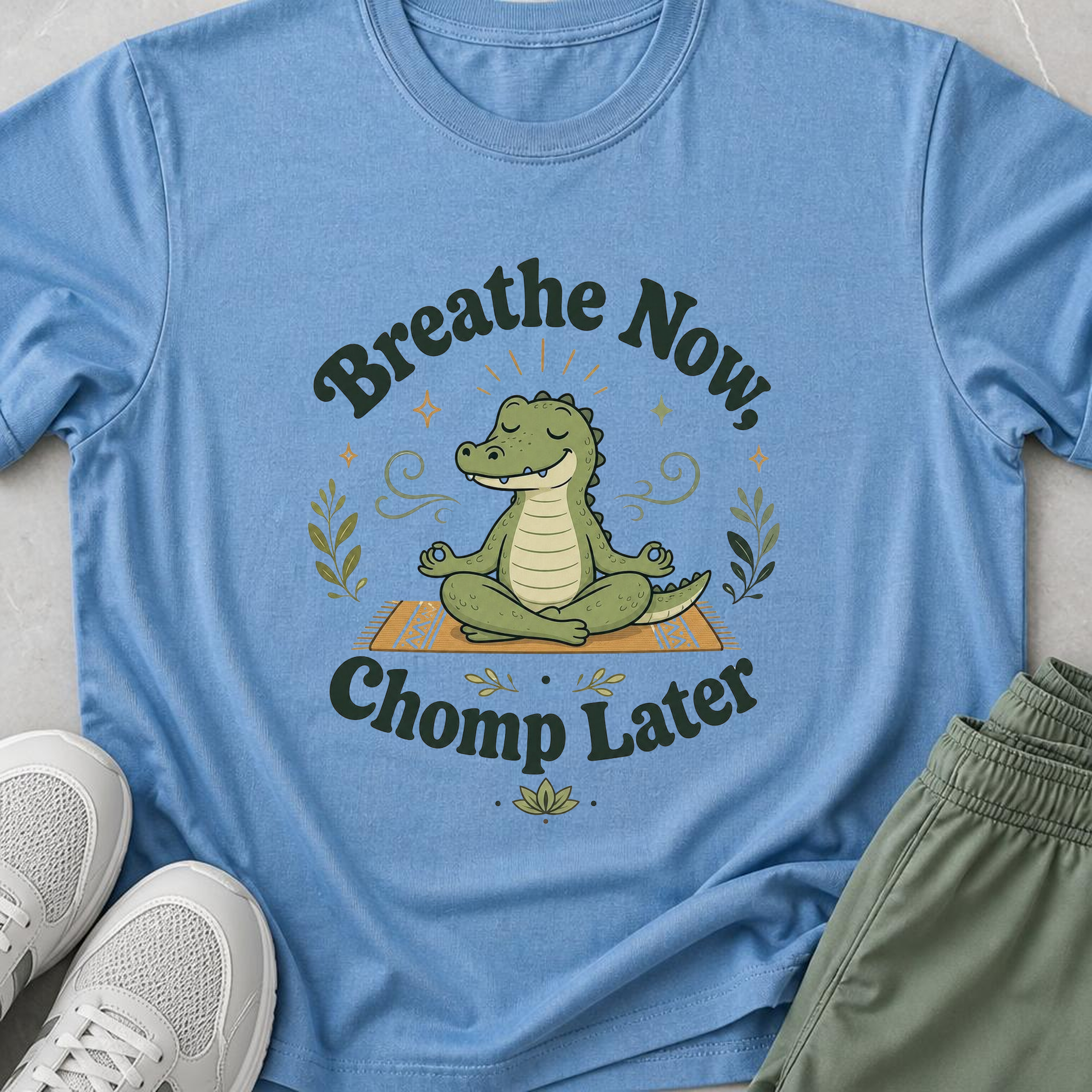 Breathe Now Chomp Later Alligator Yoga Shirt, Funny Meditation Tee, Cute Reptile Wellness Gift.