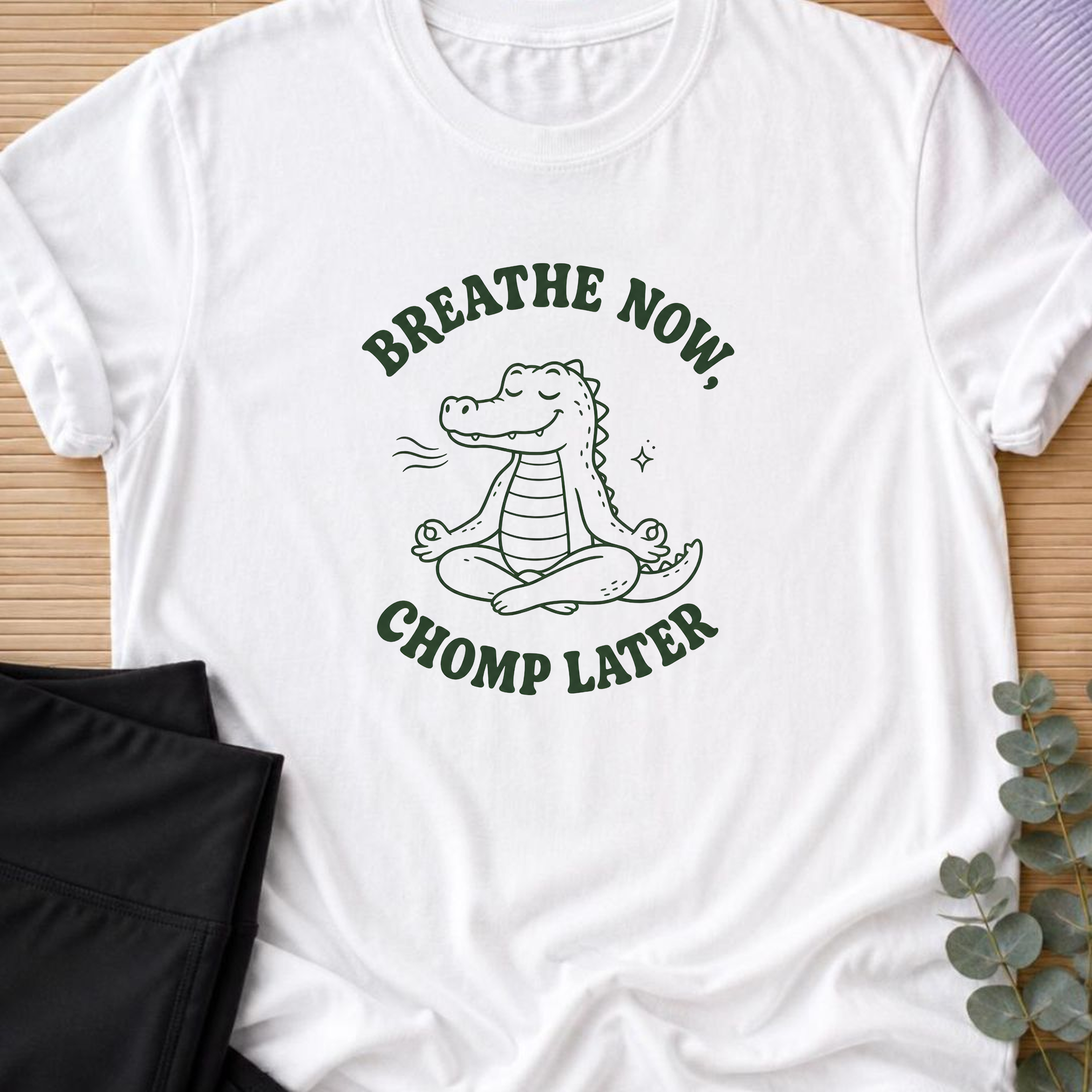 Breathe Now Chomp Later Alligator Yoga Shirt, Funny Meditation Tee, Cute Crocodile Wellness Gift.