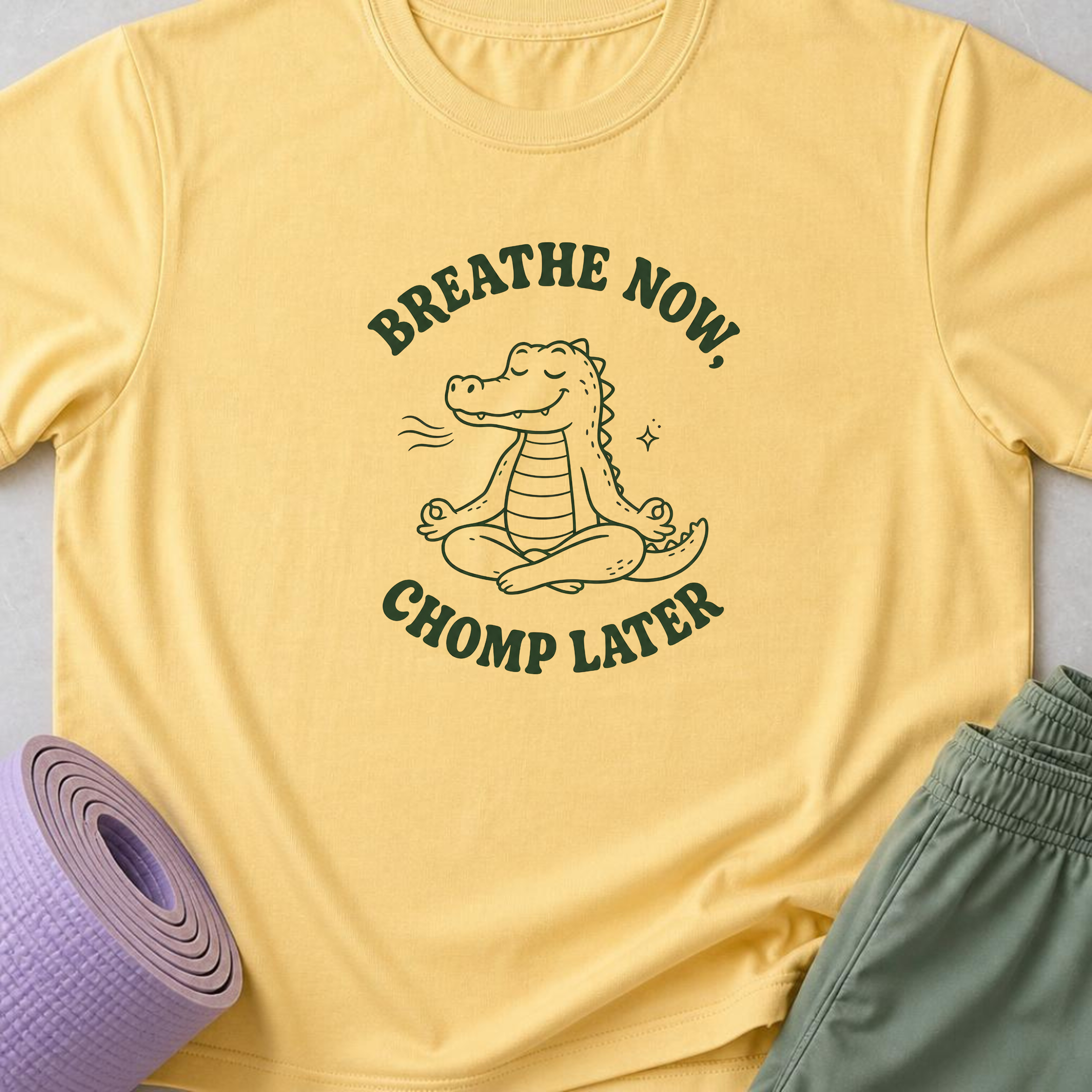 Breathe Now Chomp Later Alligator Yoga Shirt, Funny Meditation Tee, Cute Crocodile Wellness Gift.