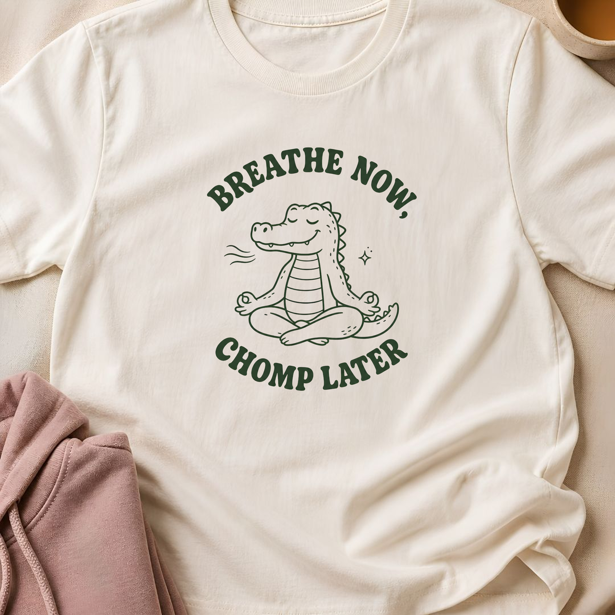 Breathe Now Chomp Later Alligator Yoga Shirt, Funny Meditation Tee, Cute Crocodile Wellness Gift.