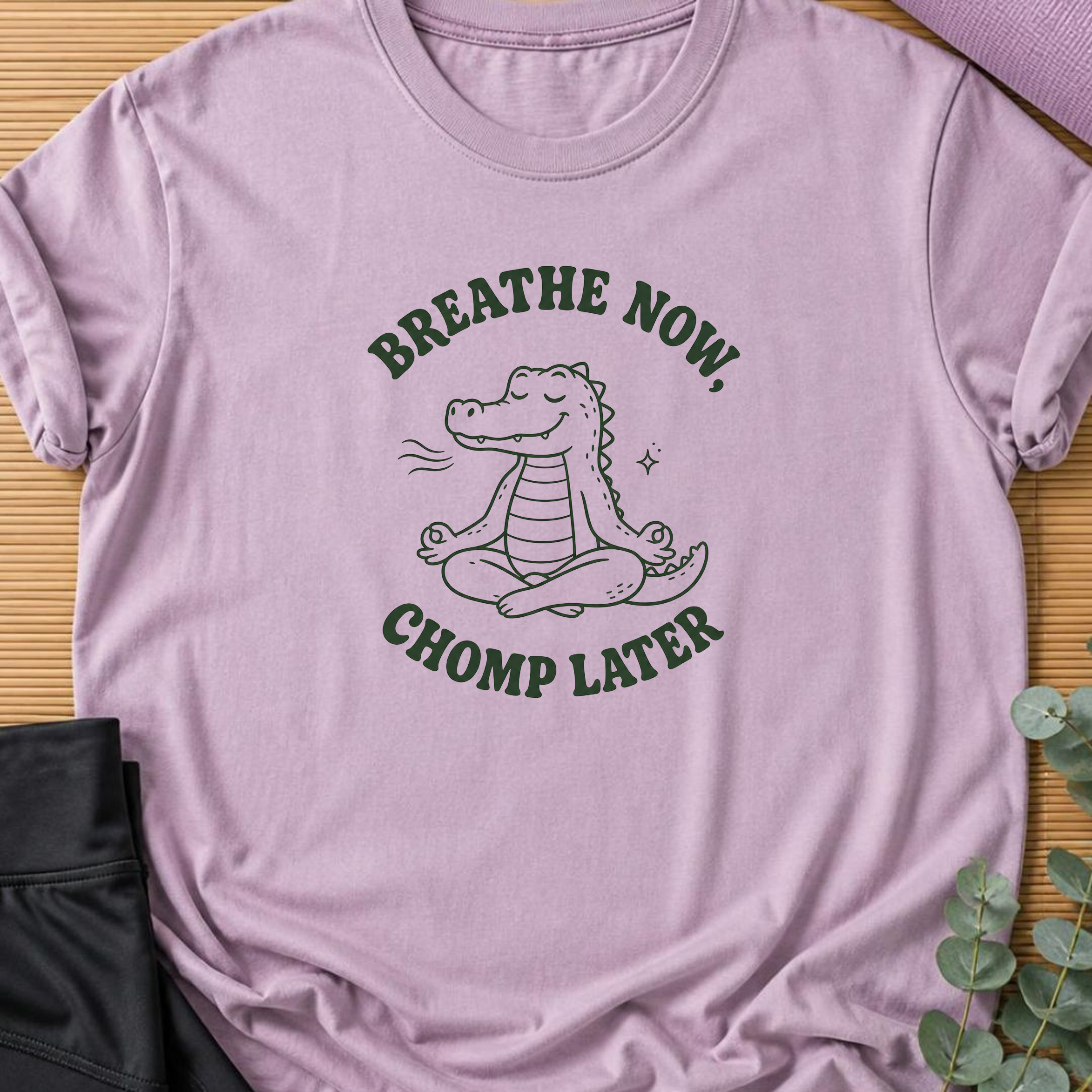 Breathe Now Chomp Later Alligator Yoga Shirt, Funny Meditation Tee, Cute Crocodile Wellness Gift.