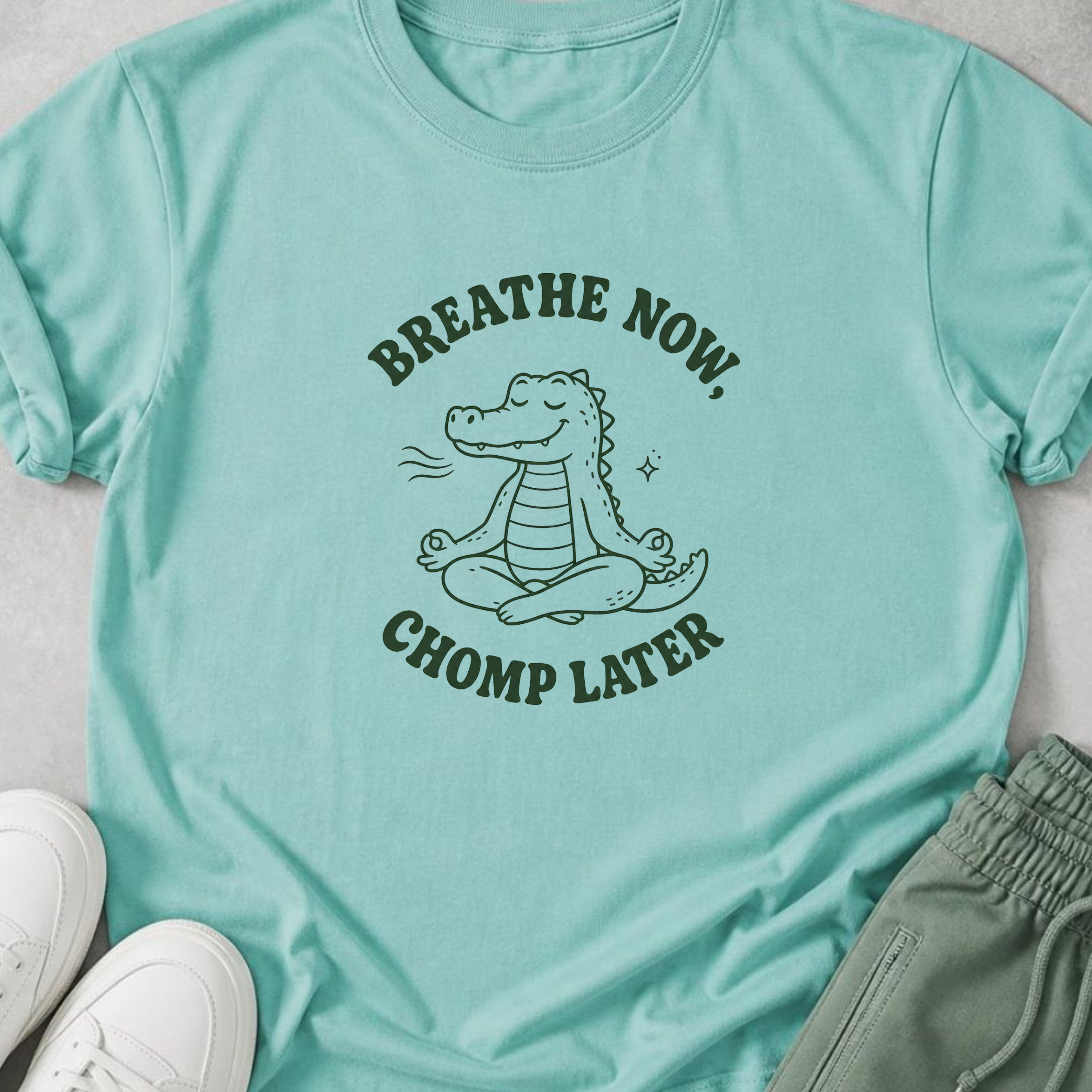 Breathe Now Chomp Later Alligator Yoga Shirt, Funny Meditation Tee, Cute Crocodile Wellness Gift.