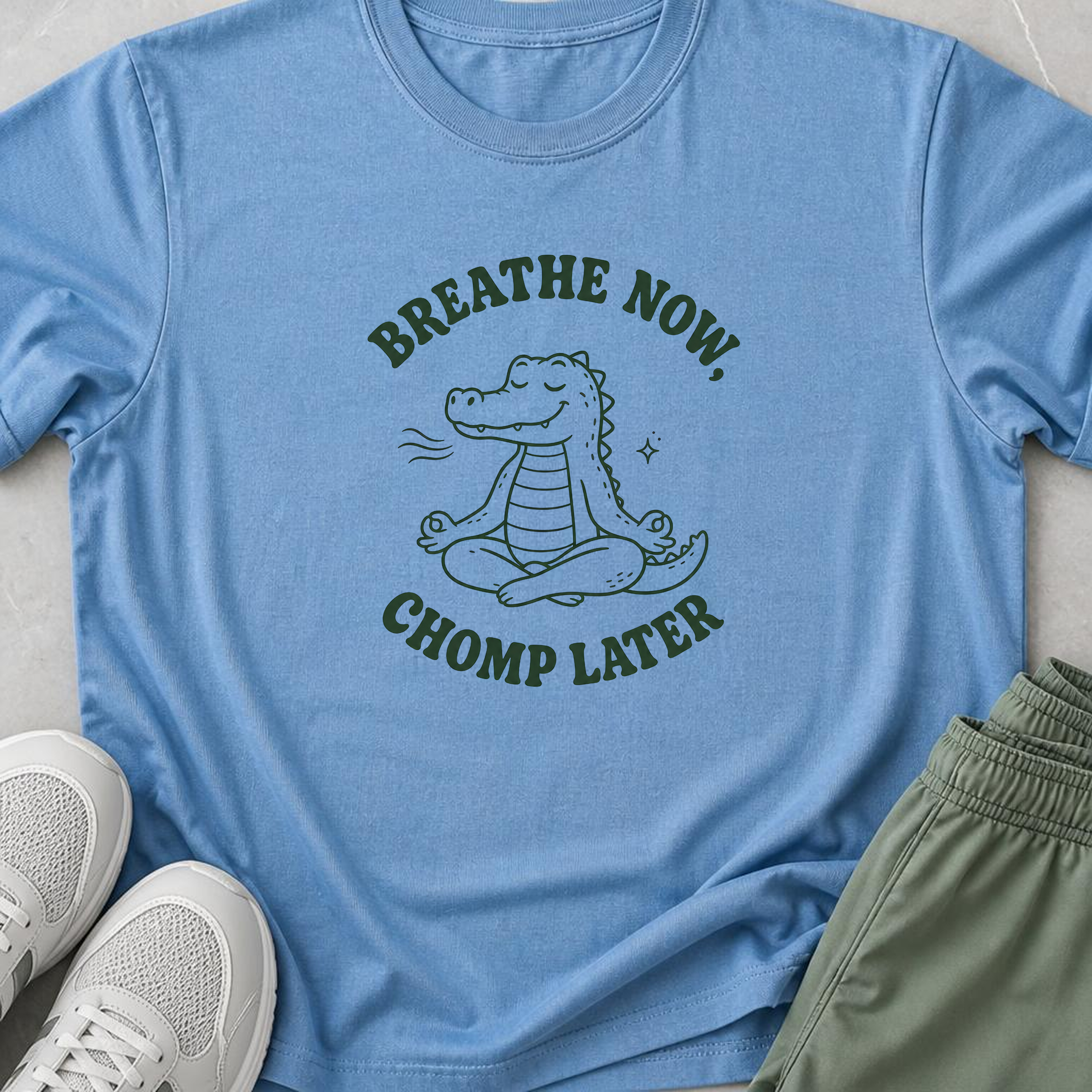 Breathe Now Chomp Later Alligator Yoga Shirt, Funny Meditation Tee, Cute Crocodile Wellness Gift.