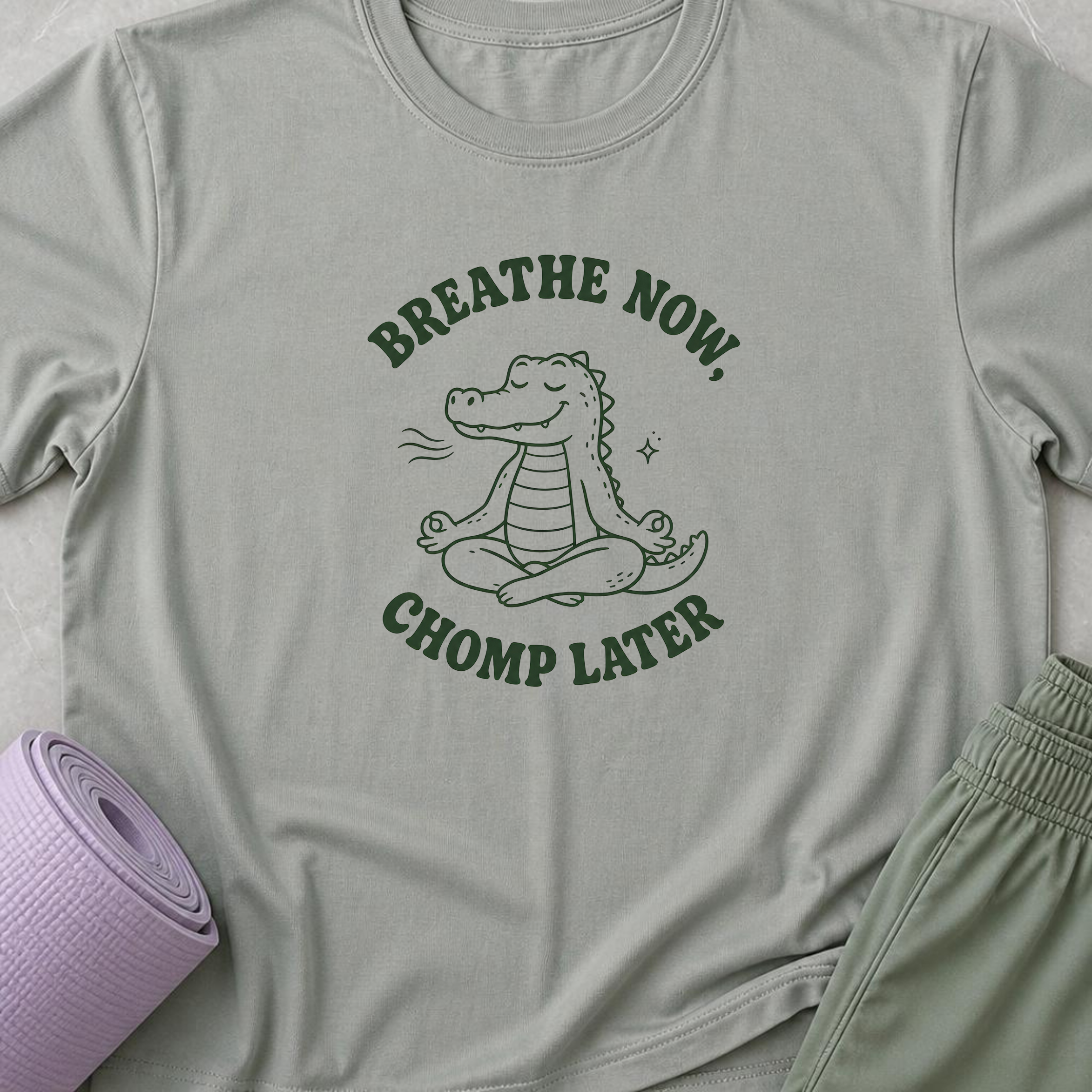 Breathe Now Chomp Later Alligator Yoga Shirt, Funny Meditation Tee, Cute Crocodile Wellness Gift.