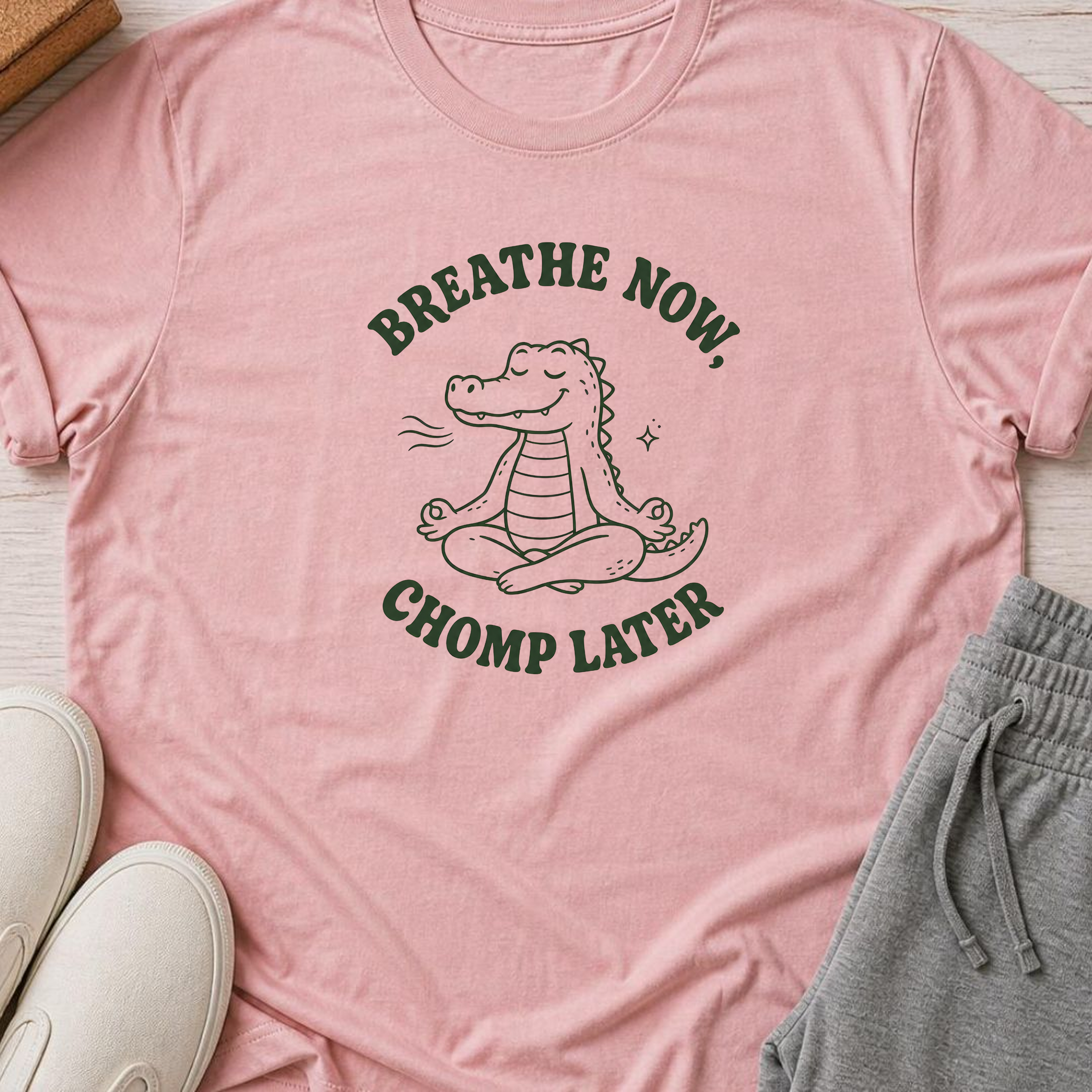 Breathe Now Chomp Later Alligator Yoga Shirt, Funny Meditation Tee, Cute Crocodile Wellness Gift.
