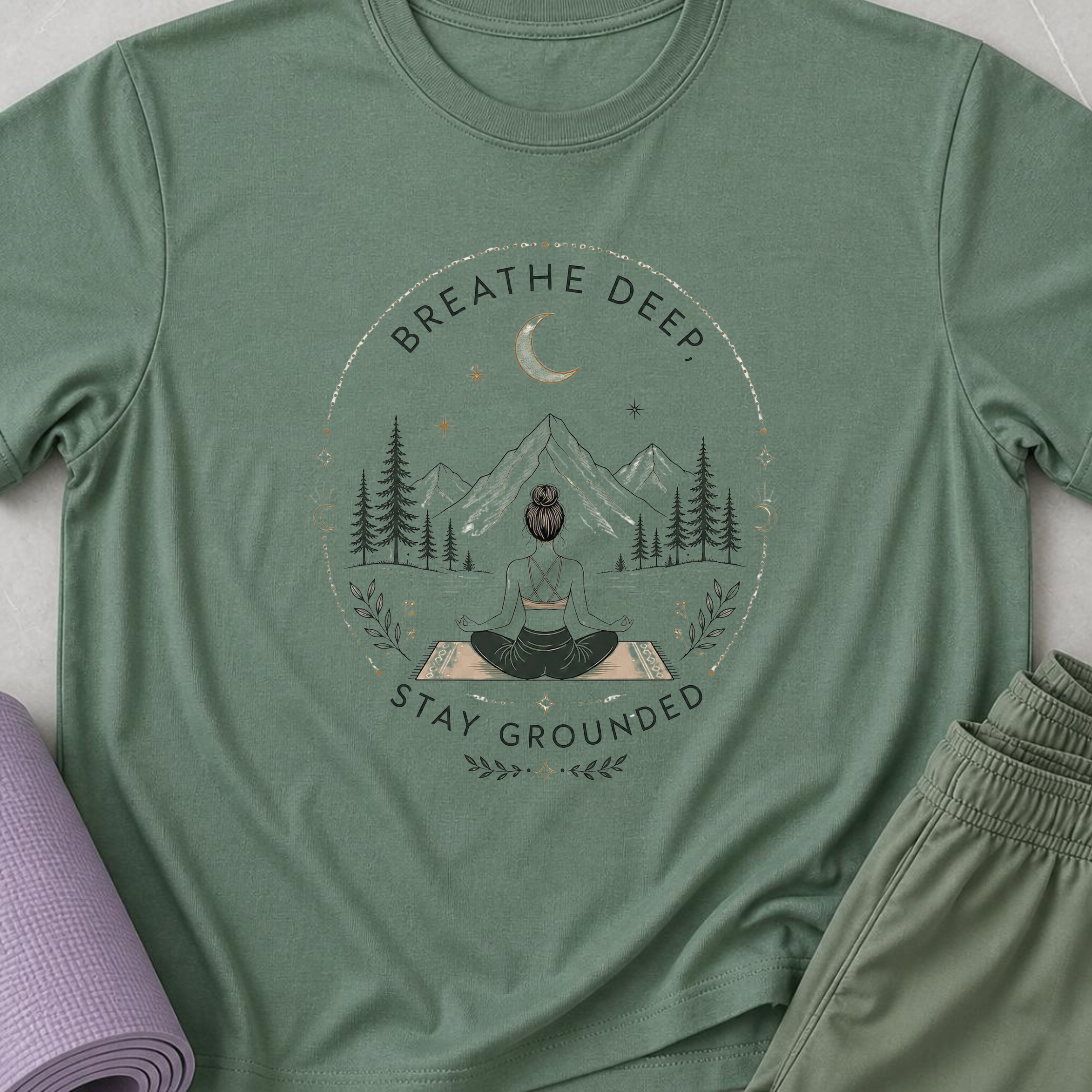 Breathe Deep Stay Grounded Yoga Shirt, Mountain Meditation Tee, Boho Wellness T-Shirt, Mindfulness Gift.
