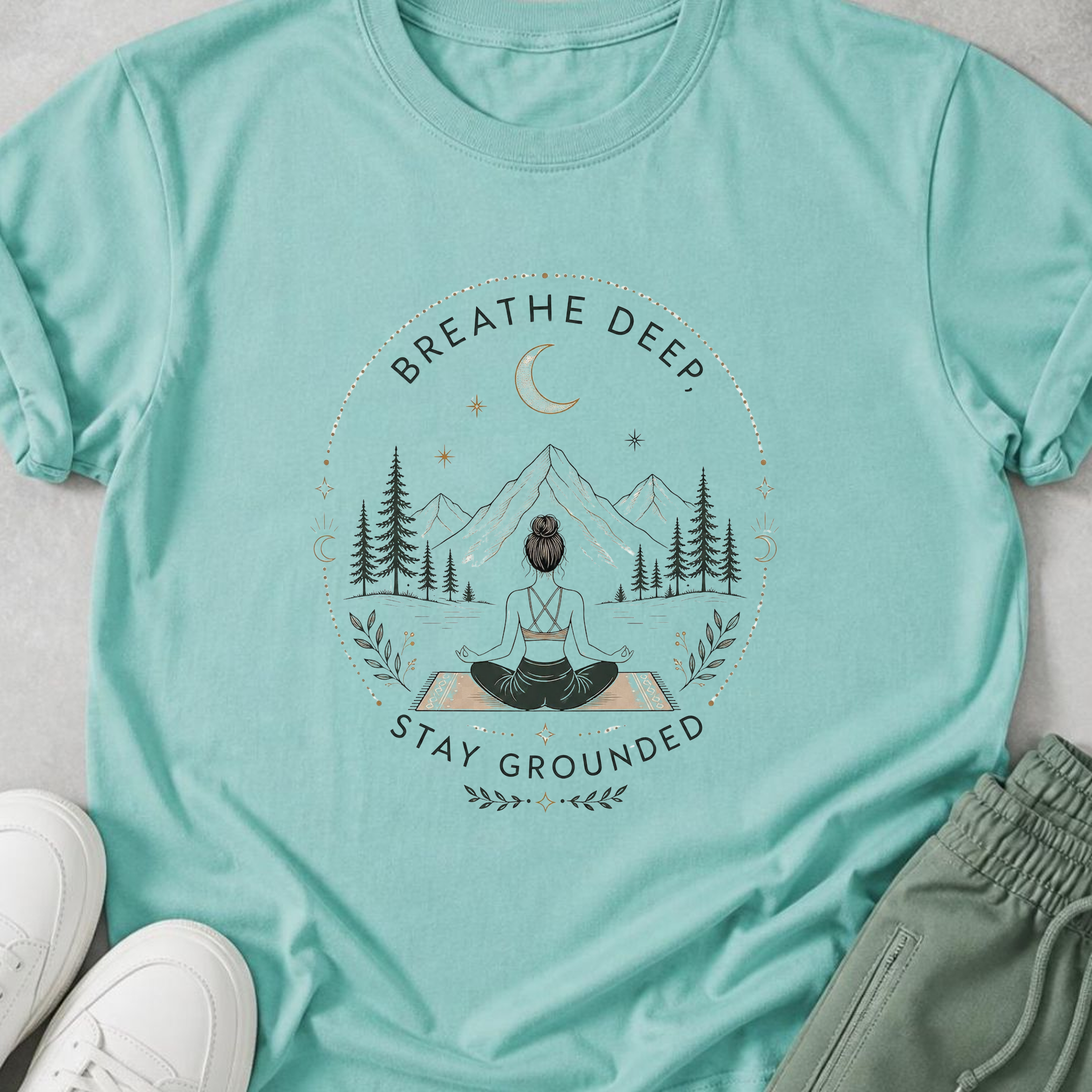 Breathe Deep Stay Grounded Yoga Shirt, Mountain Meditation Tee, Boho Wellness T-Shirt, Mindfulness Gift.