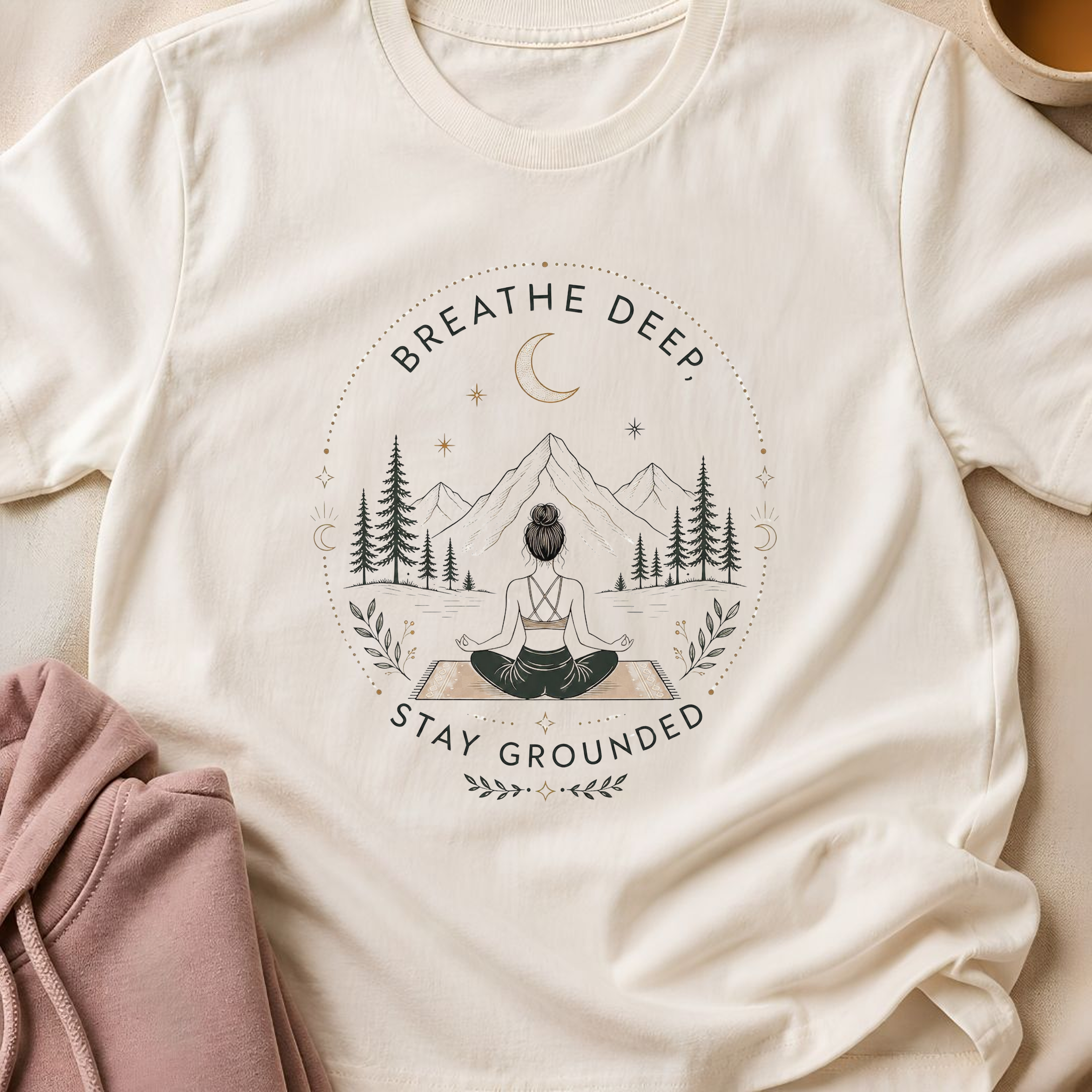 Breathe Deep Stay Grounded Yoga Shirt, Mountain Meditation Tee, Boho Wellness T-Shirt, Mindfulness Gift.