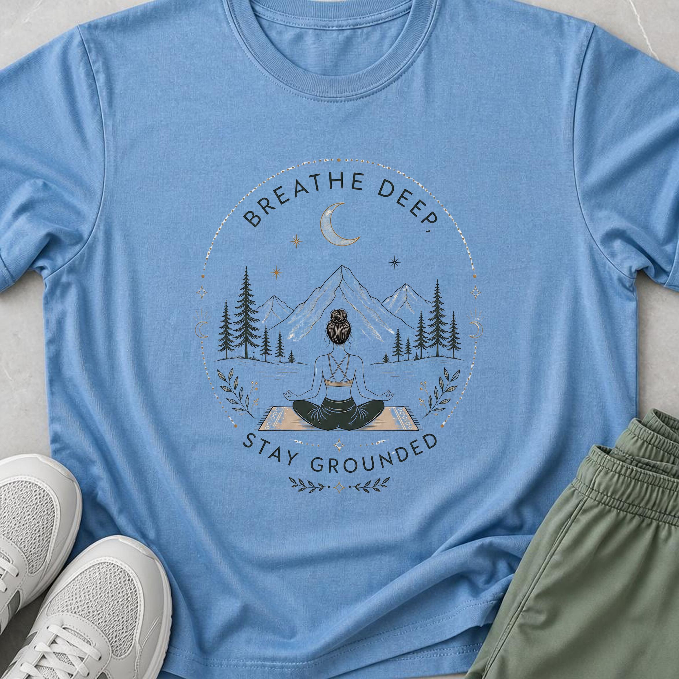 Breathe Deep Stay Grounded Yoga Shirt, Mountain Meditation Tee, Boho Wellness T-Shirt, Mindfulness Gift.