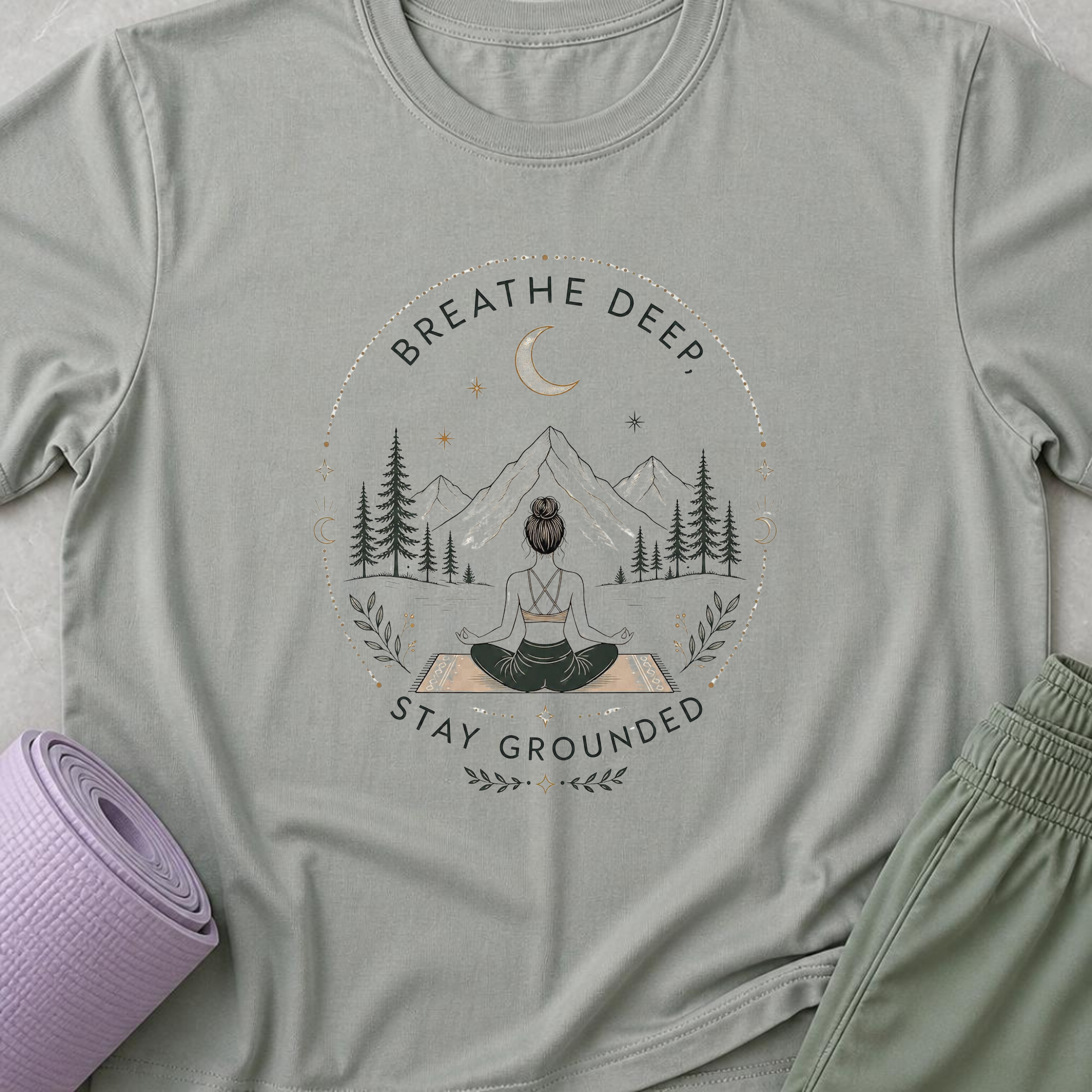 Breathe Deep Stay Grounded Yoga Shirt, Mountain Meditation Tee, Boho Wellness T-Shirt, Mindfulness Gift.