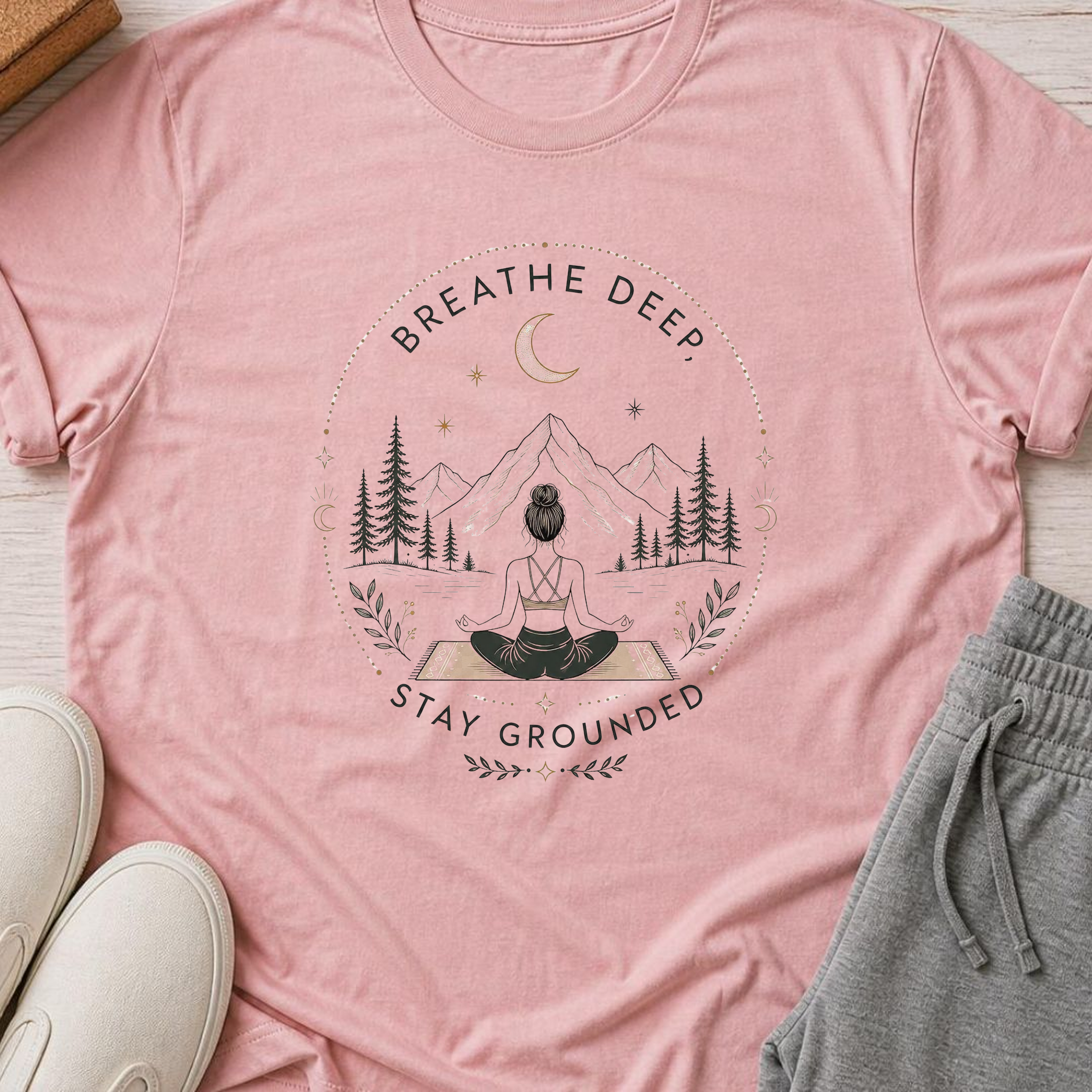 Breathe Deep Stay Grounded Yoga Shirt, Mountain Meditation Tee, Boho Wellness T-Shirt, Mindfulness Gift.