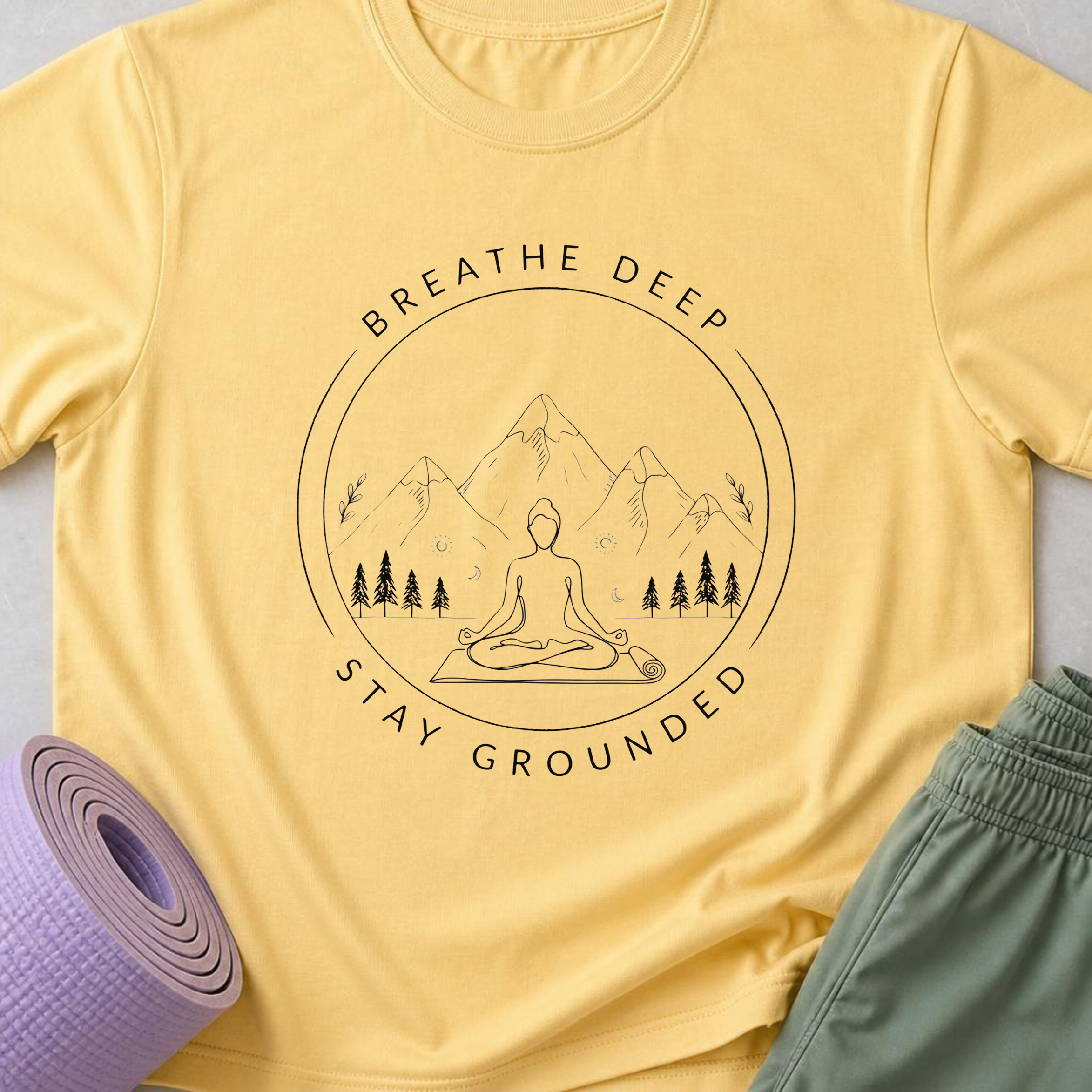 Breathe Deep Stay Grounded Yoga Shirt, Mountain Meditation Tee, Minimalist Wellness T-Shirt, Mindfulness Gift.