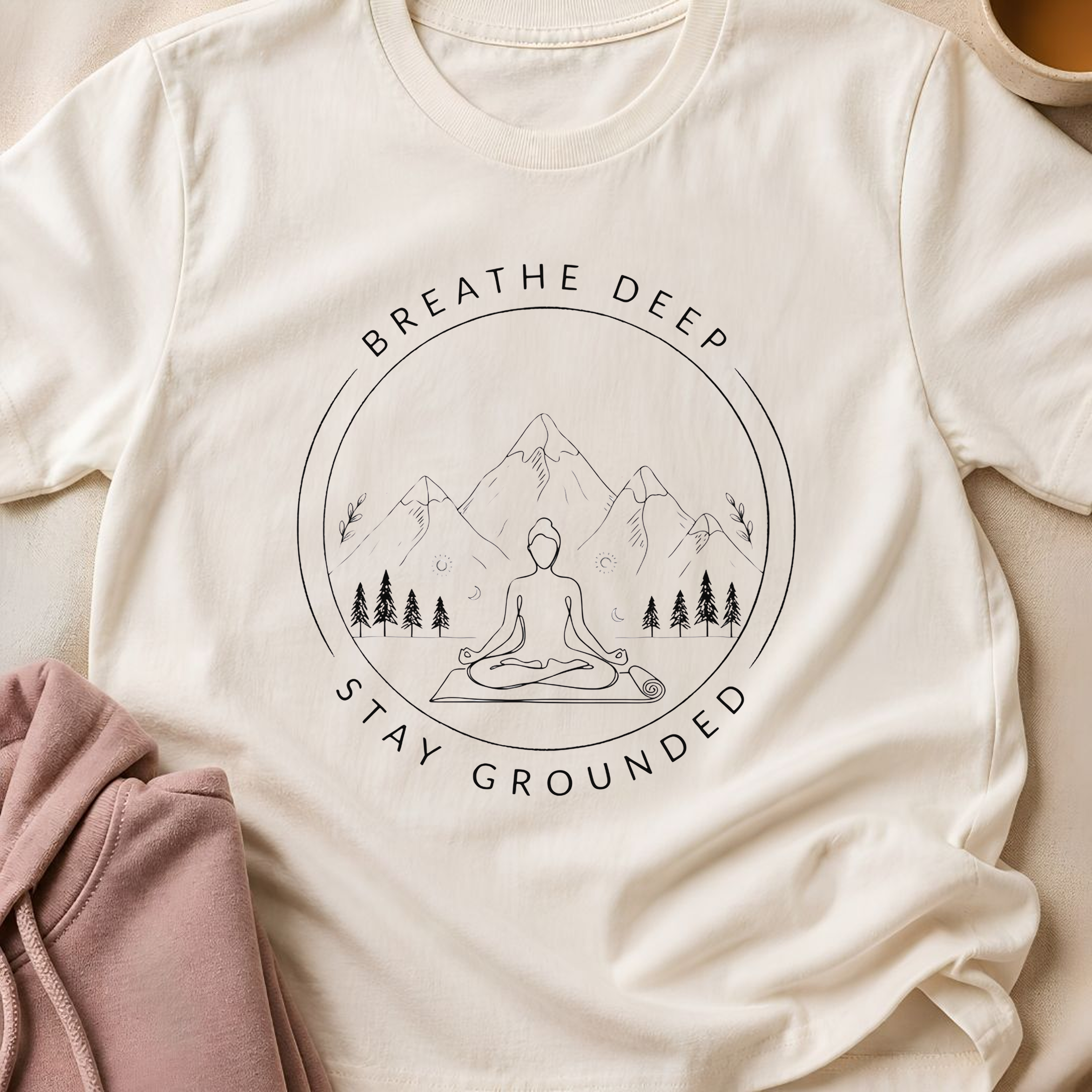 Breathe Deep Stay Grounded Yoga Shirt, Mountain Meditation Tee, Minimalist Wellness T-Shirt, Mindfulness Gift.