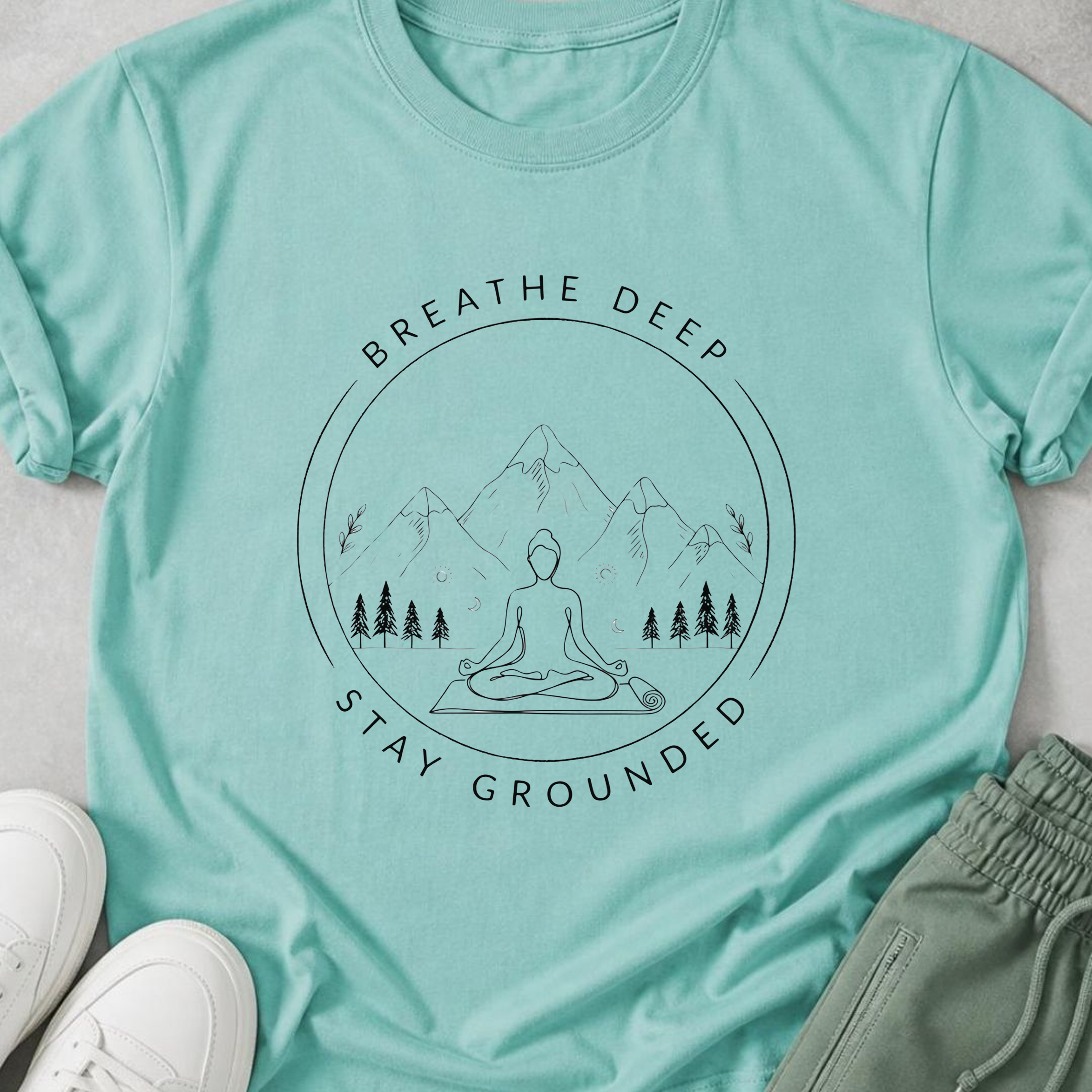 Breathe Deep Stay Grounded Yoga Shirt, Mountain Meditation Tee, Minimalist Wellness T-Shirt, Mindfulness Gift.