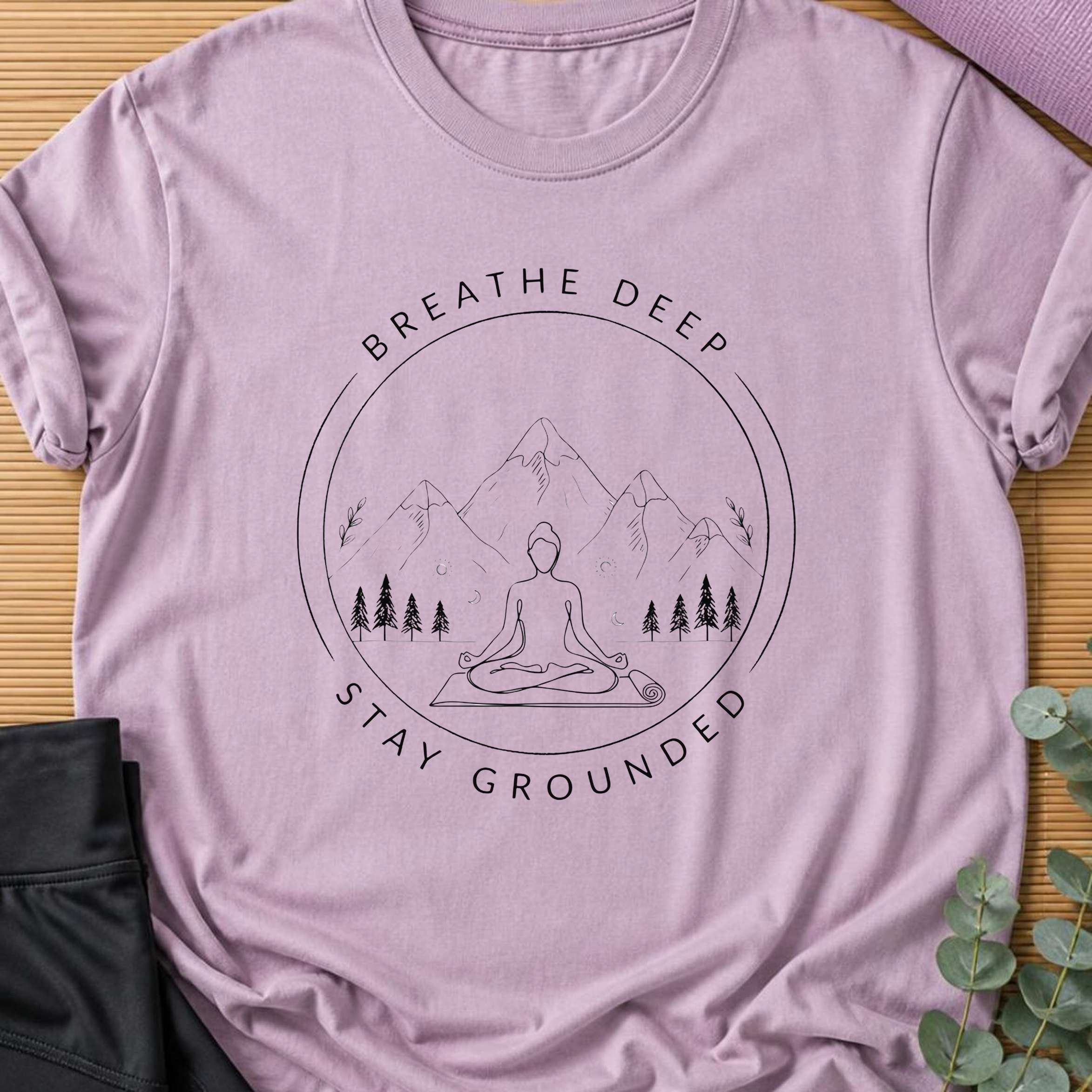 Breathe Deep Stay Grounded Yoga Shirt, Mountain Meditation Tee, Minimalist Wellness T-Shirt, Mindfulness Gift.